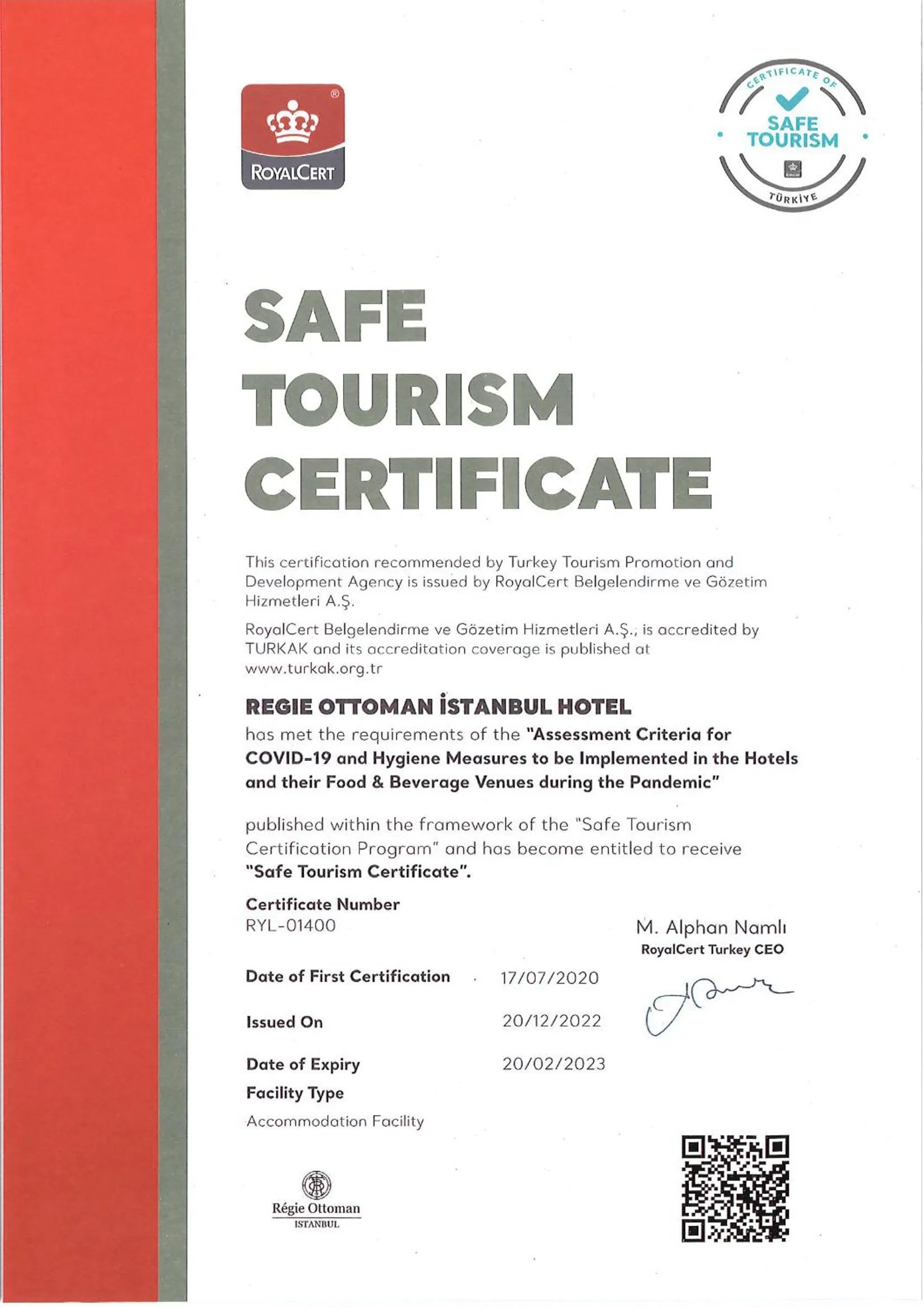 Certificate/Award in Régie Ottoman Istanbul - Special Category