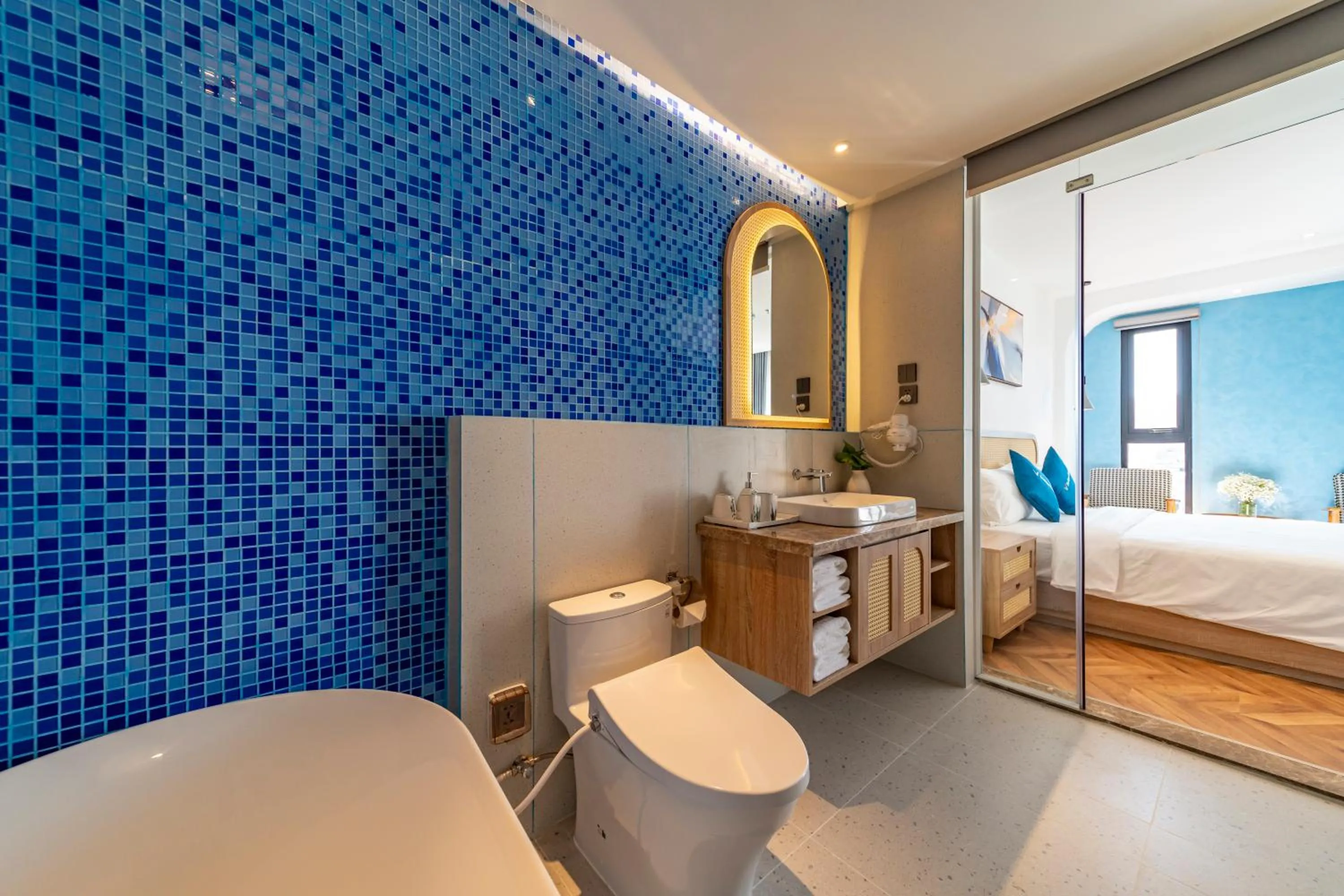 Bathroom, Bed in V Boutique Hotel - Complimentary refreshments