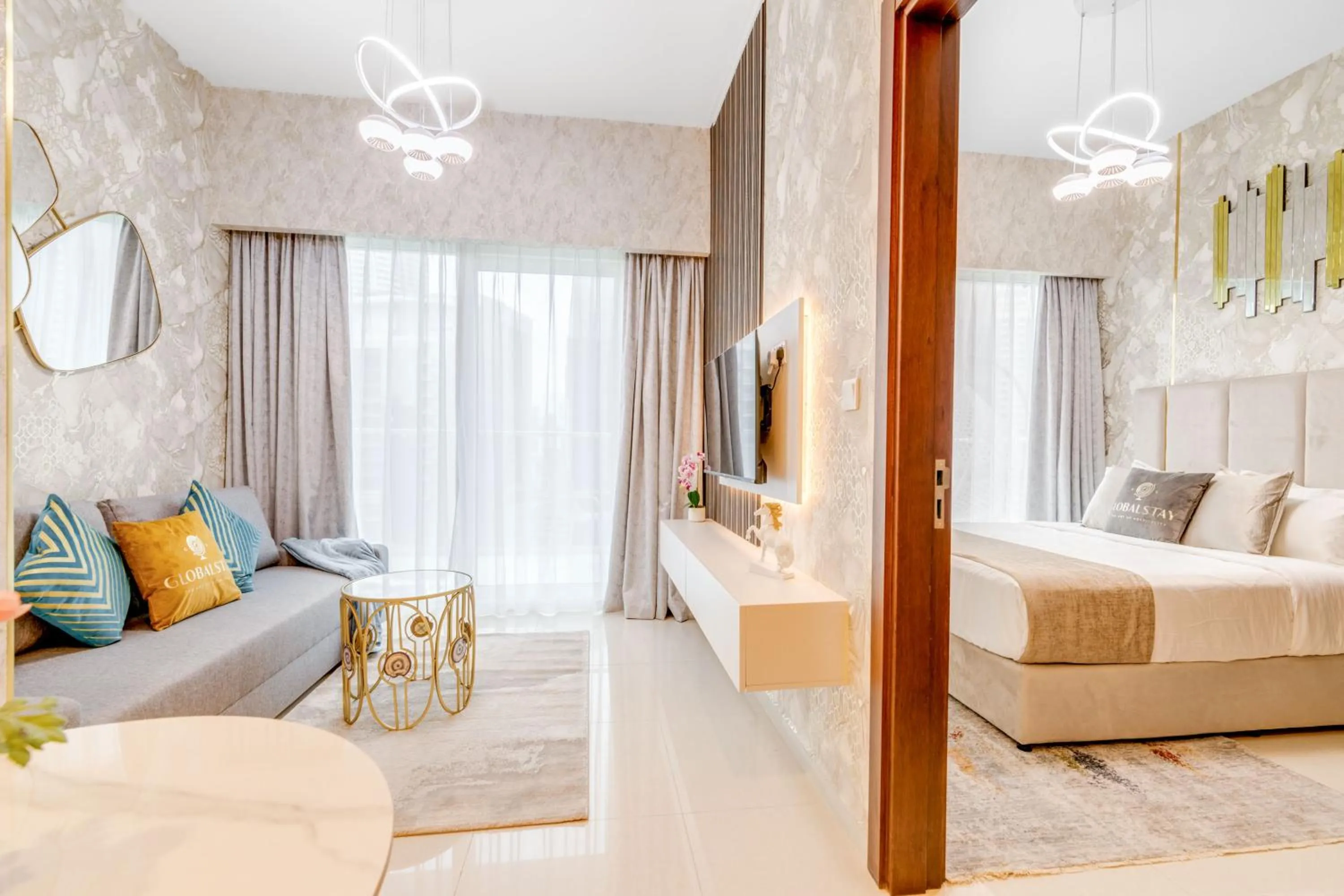 Living room, Bed in GLOBALSTAY. Luxury Apartments Near The Dubai Canal