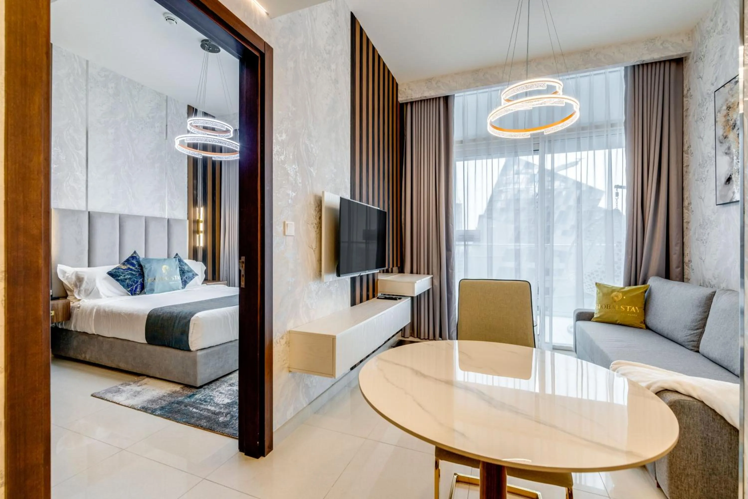 TV and multimedia, Bed in GLOBALSTAY. Luxury Apartments Near The Dubai Canal