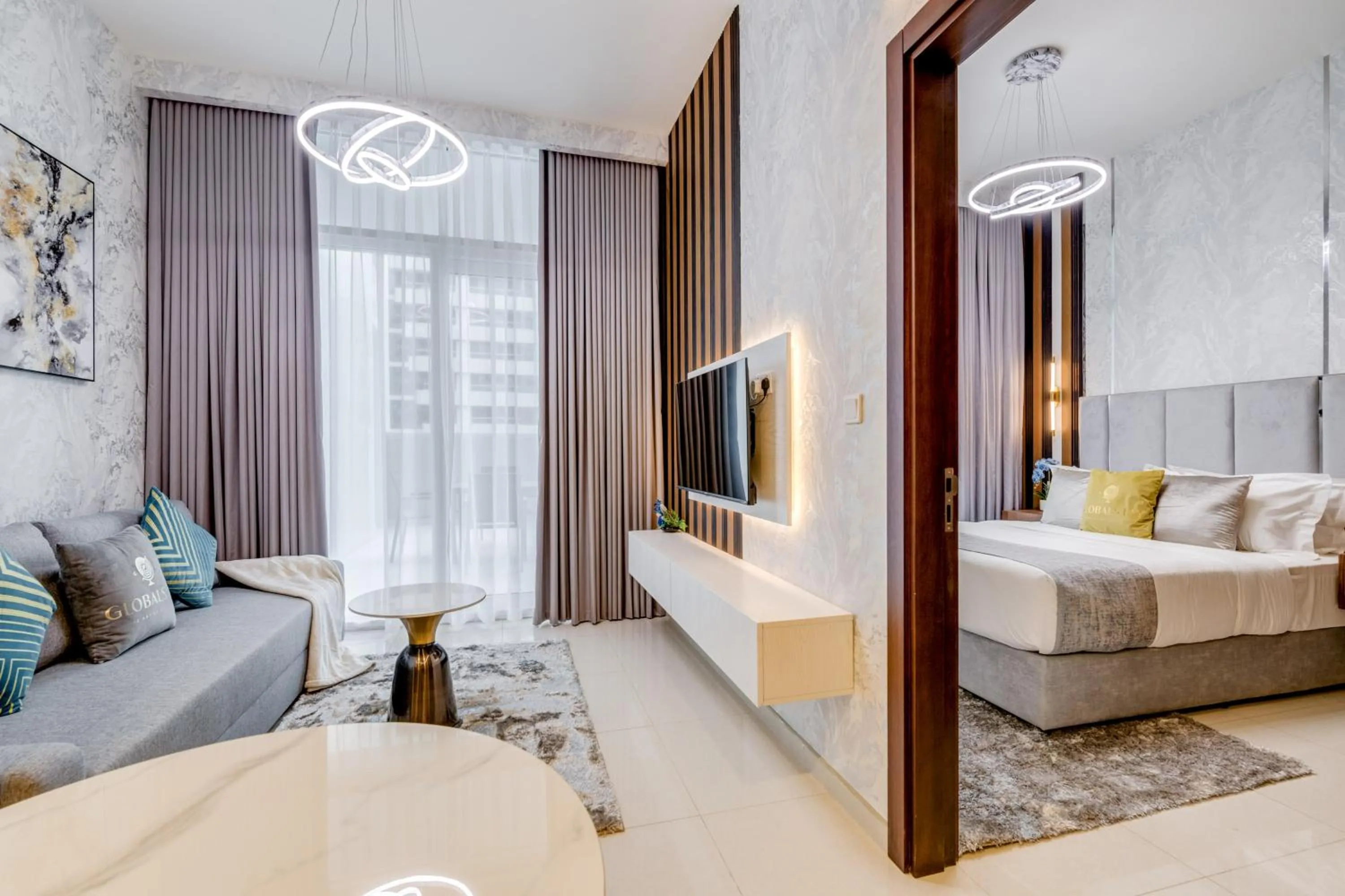 TV and multimedia, Bed in GLOBALSTAY. Luxury Apartments Near The Dubai Canal