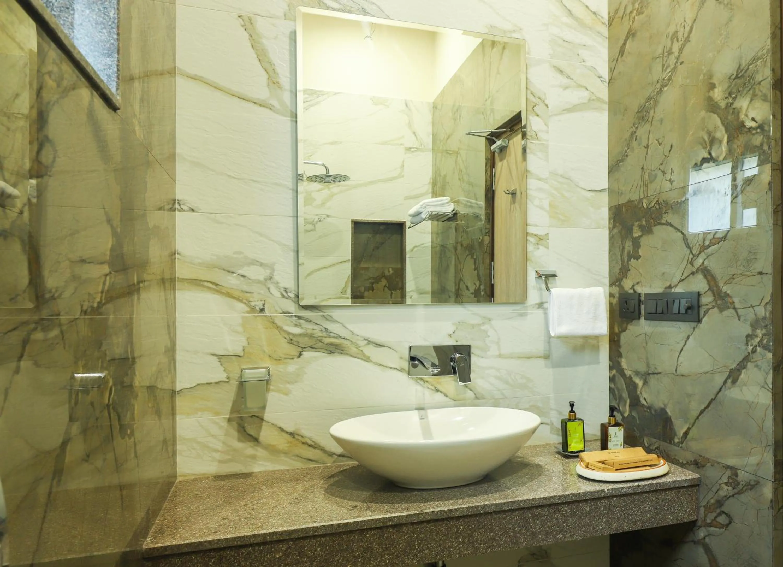 Shower in ELIVAAS 6 BHK Farmstay with Pvt Pool & Garden - Esh