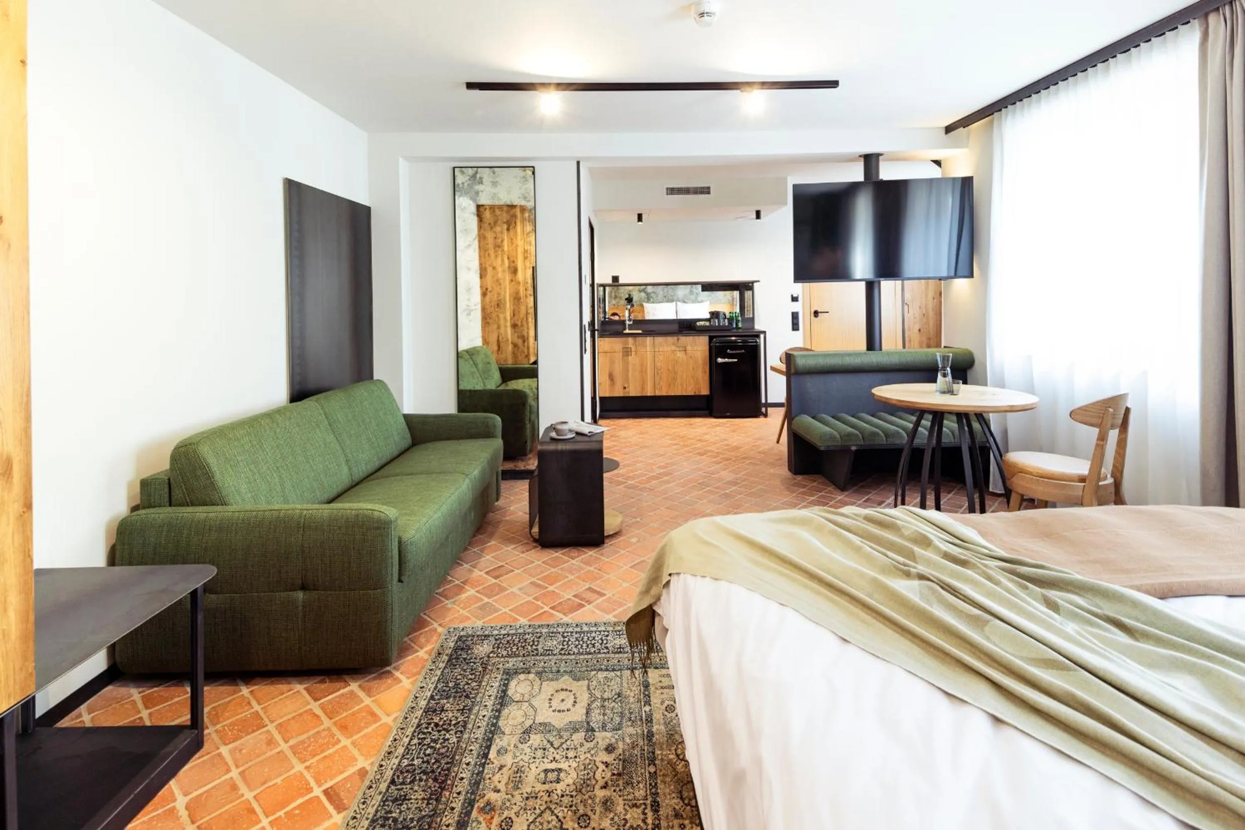 Kitchen or kitchenette, Bed in Nomadic Urban Premium Suites