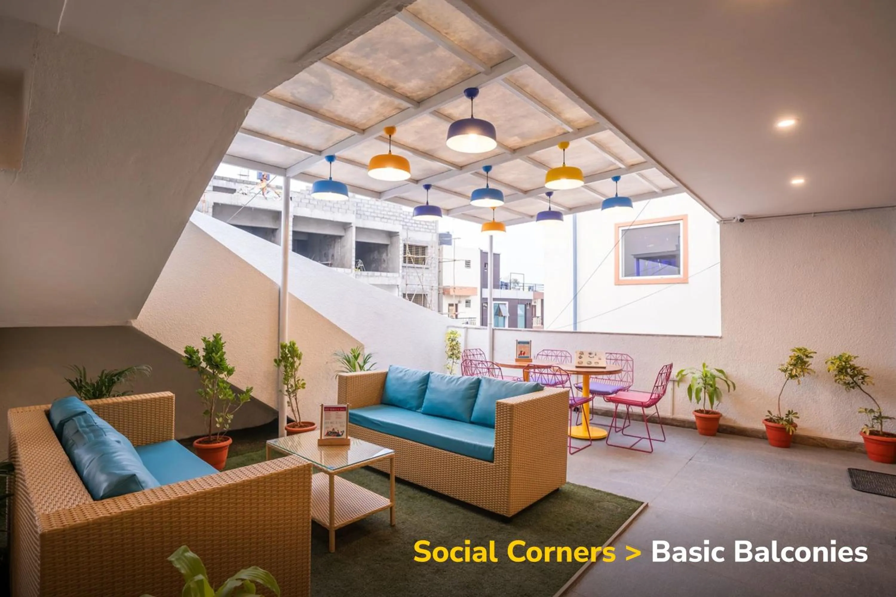 Seating area in goSTOPS Bengaluru HSR, Silk Board