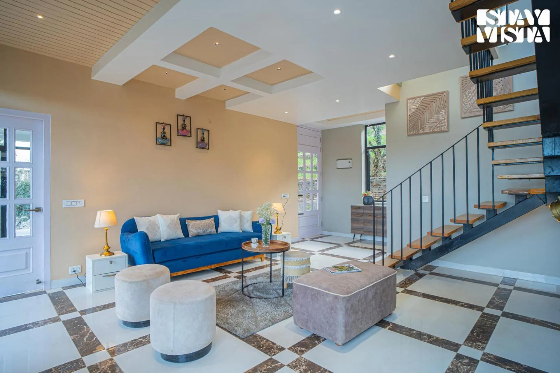 Living room in StayVista at Mountain Melody with Heater & Indoor-Outdoor Games