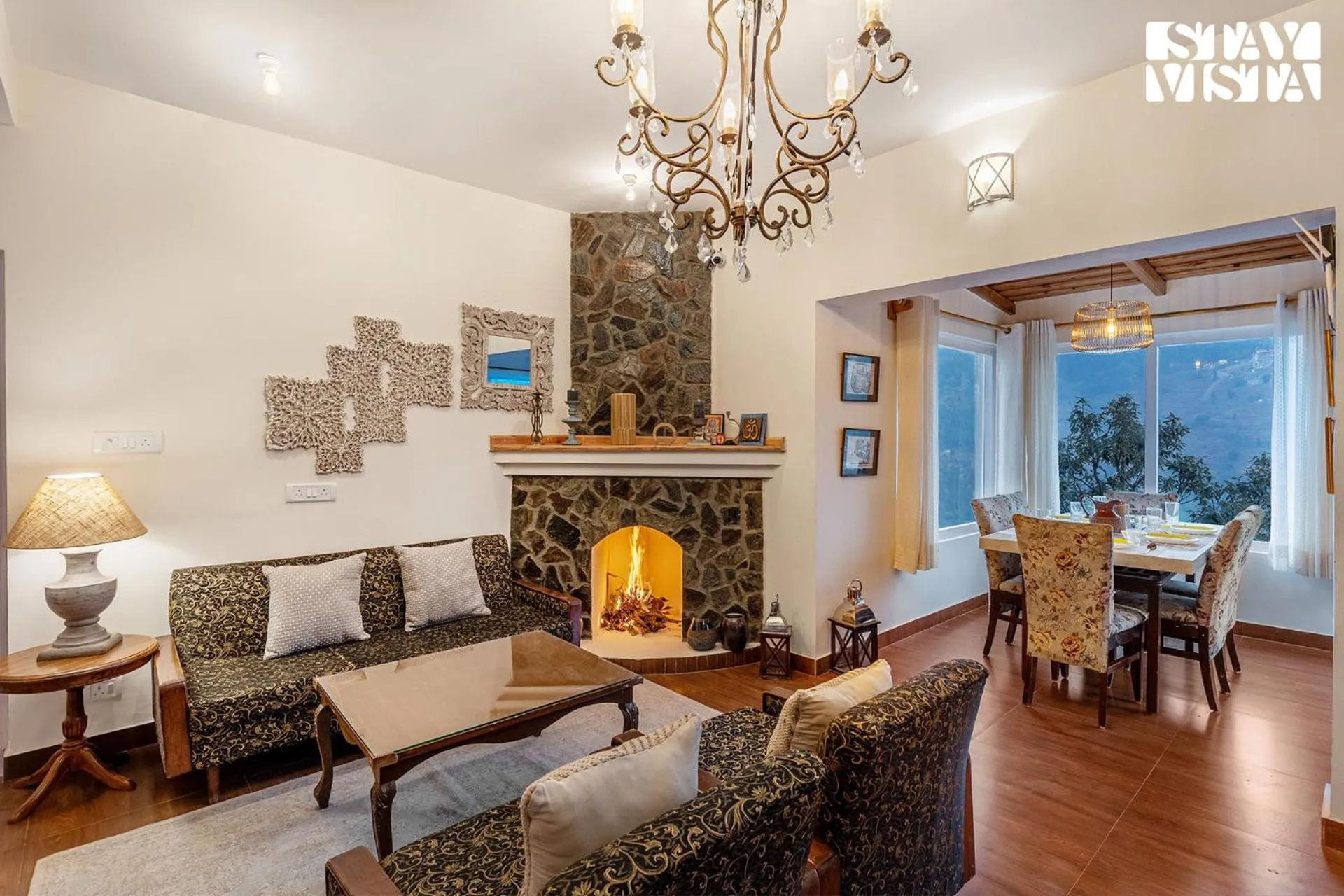 Living room in StayVista at Bird's Crest Valley Villa