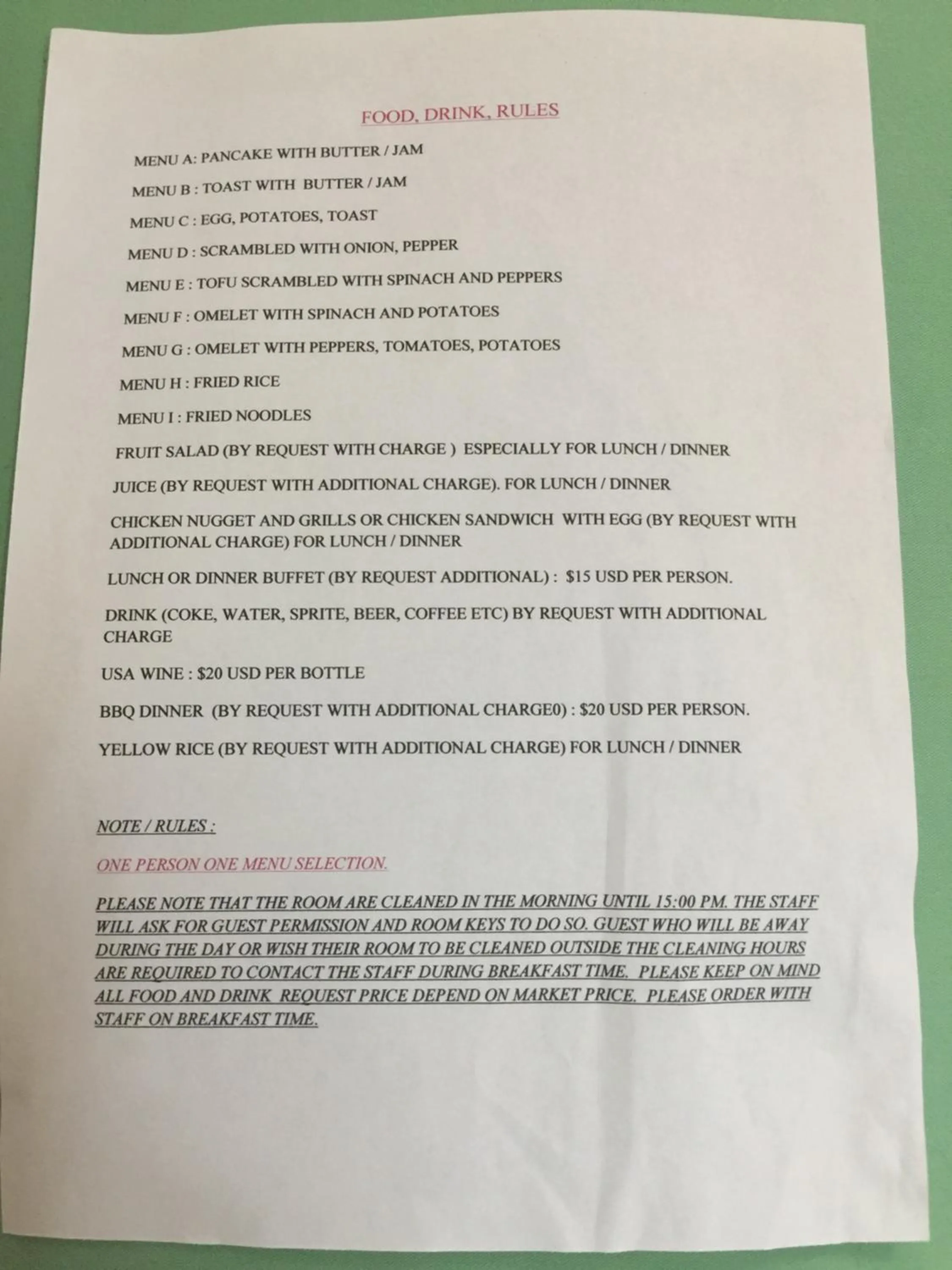 Food and drinks in Hill Dance Bali American Hotel