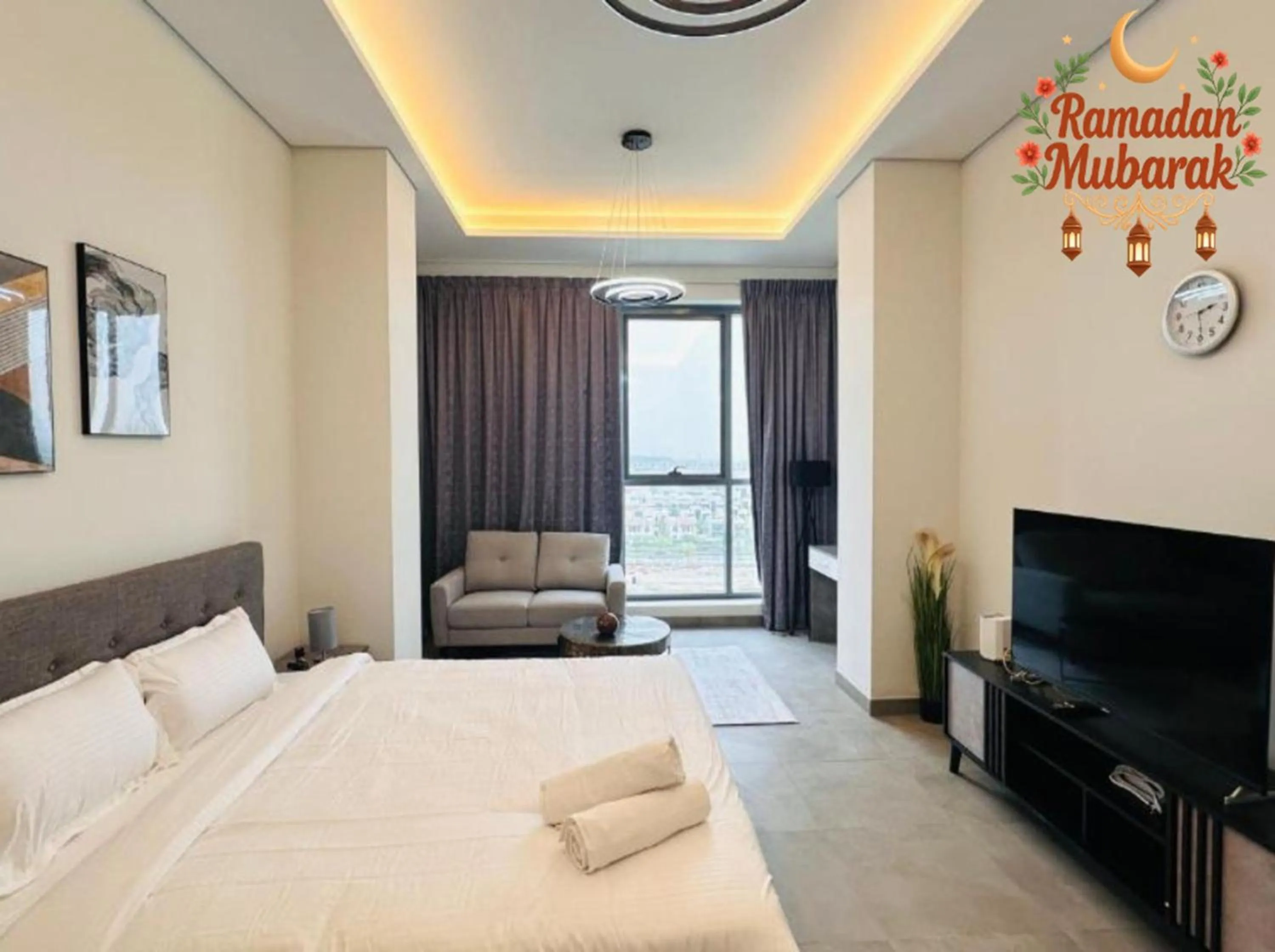 Photo of the whole room, Bed in Upscale Apartment at Oval Tower Near Downtown with Balcony and Parking by Belvilla