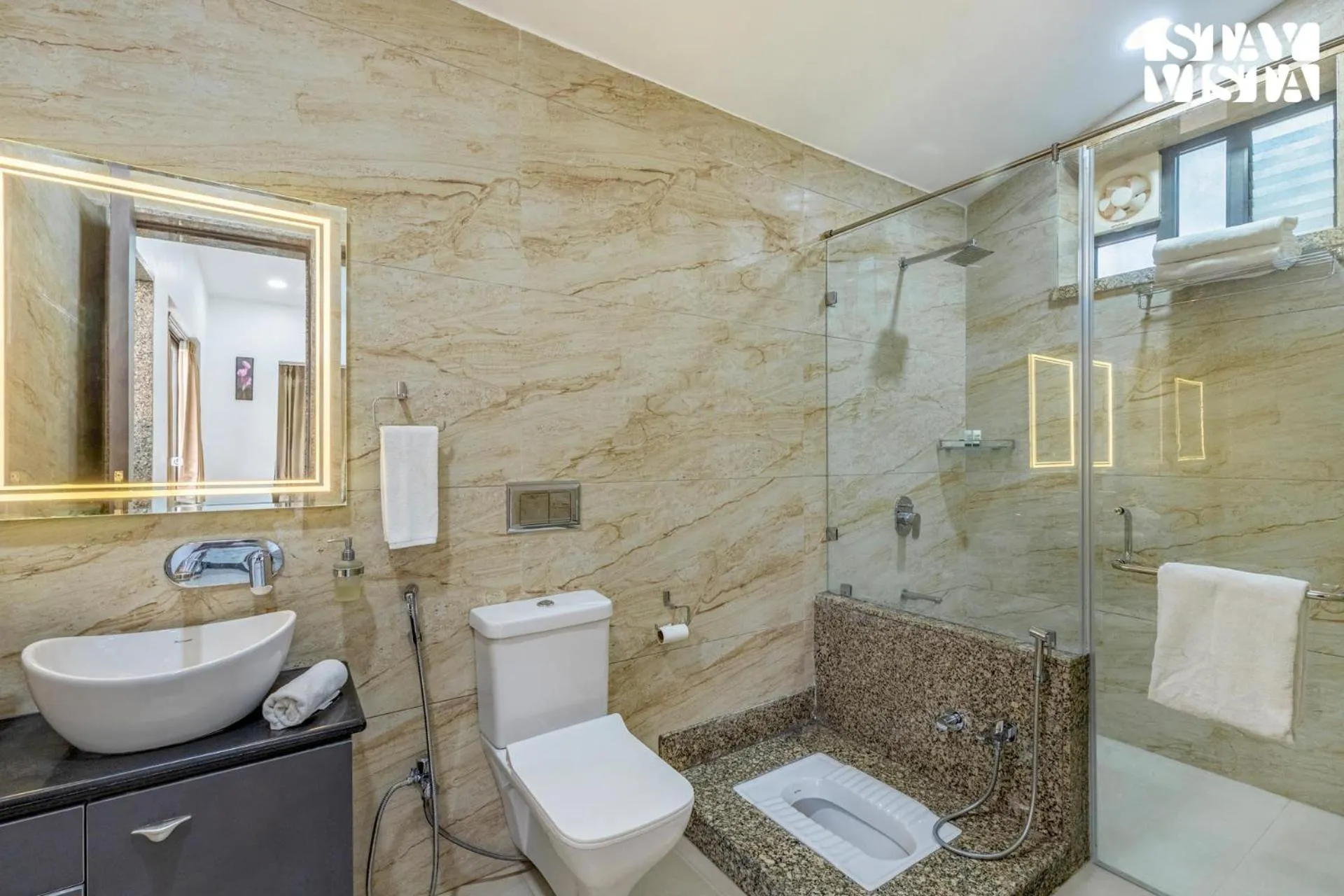 Bathroom in StayVista's Bella Dream - Mountain-View with Outdoor Pool, Lawn featuring a Gazebo & Indoor Games