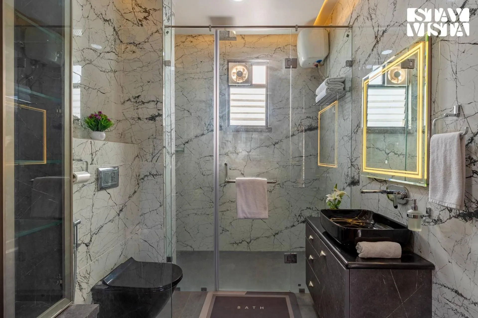 Bathroom in StayVista's Bella Dream - Mountain-View with Outdoor Pool, Lawn featuring a Gazebo & Indoor Games