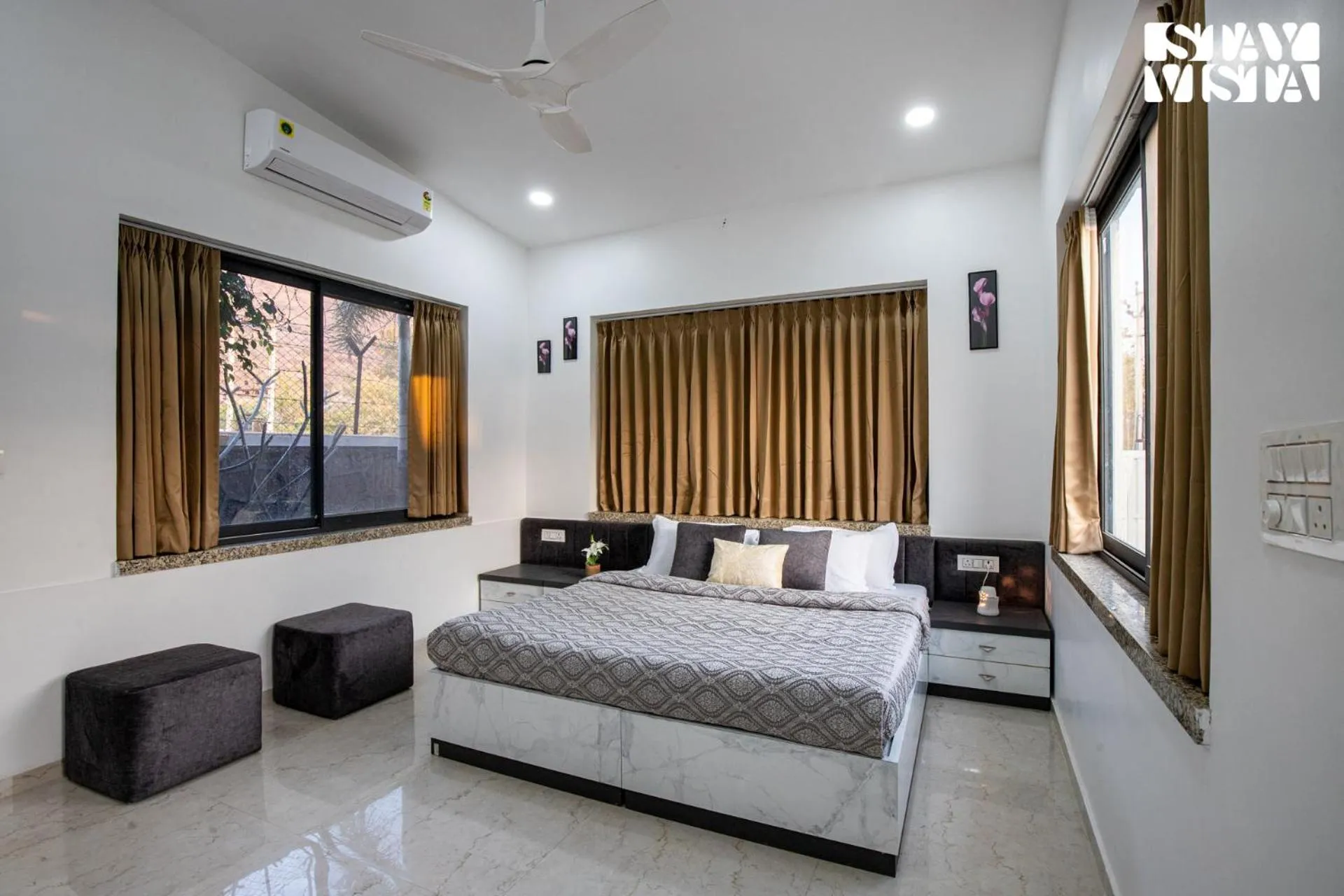 Bedroom, Bed in StayVista's Bella Dream - Mountain-View with Outdoor Pool, Lawn featuring a Gazebo & Indoor Games