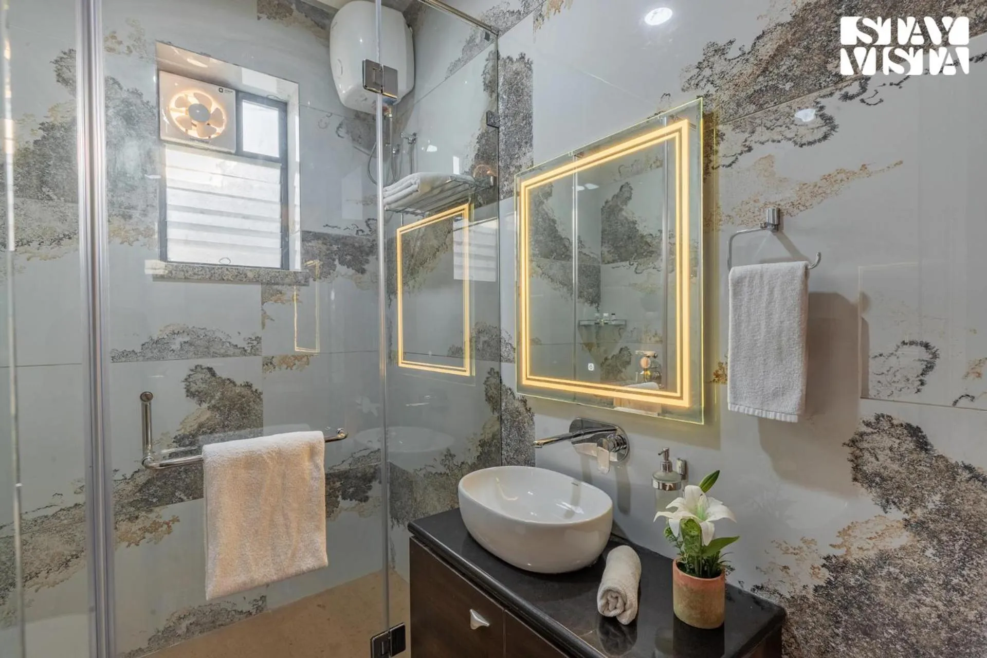 Bathroom in StayVista's Bella Dream - Mountain-View with Outdoor Pool, Lawn featuring a Gazebo & Indoor Games