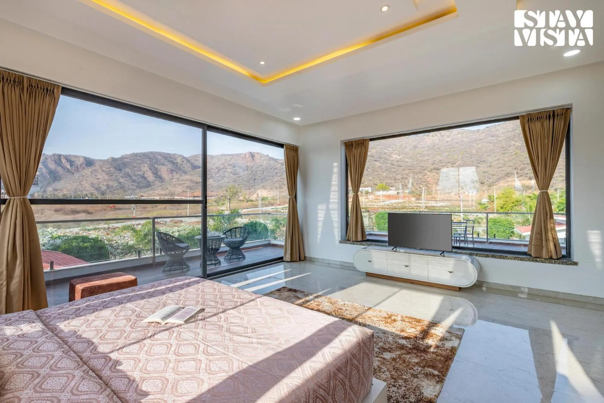 Bedroom, Bed in StayVista's Bella Dream - Mountain-View with Outdoor Pool, Lawn featuring a Gazebo & Indoor Games