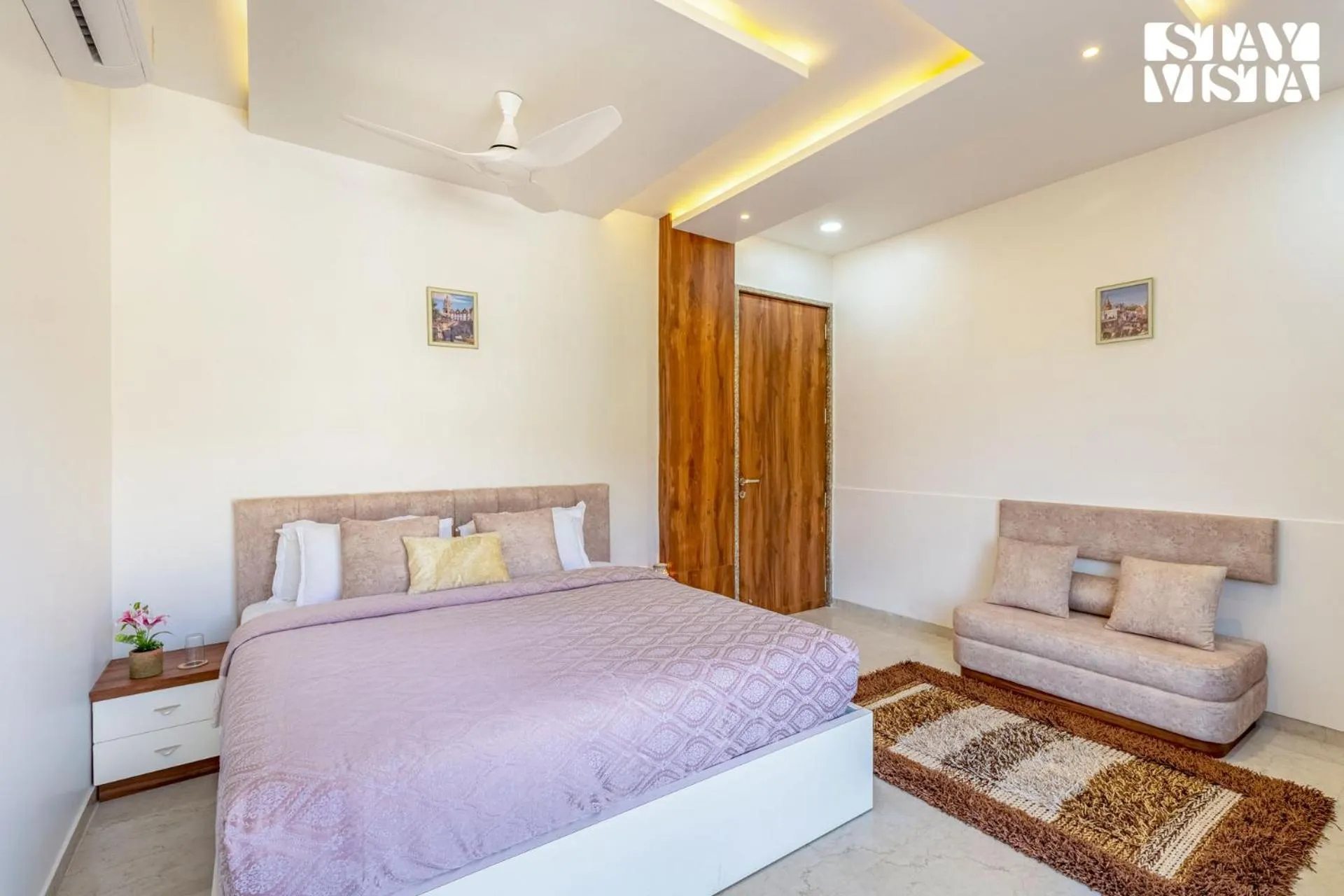 Bedroom, Bed in StayVista's Bella Dream - Mountain-View with Outdoor Pool, Lawn featuring a Gazebo & Indoor Games