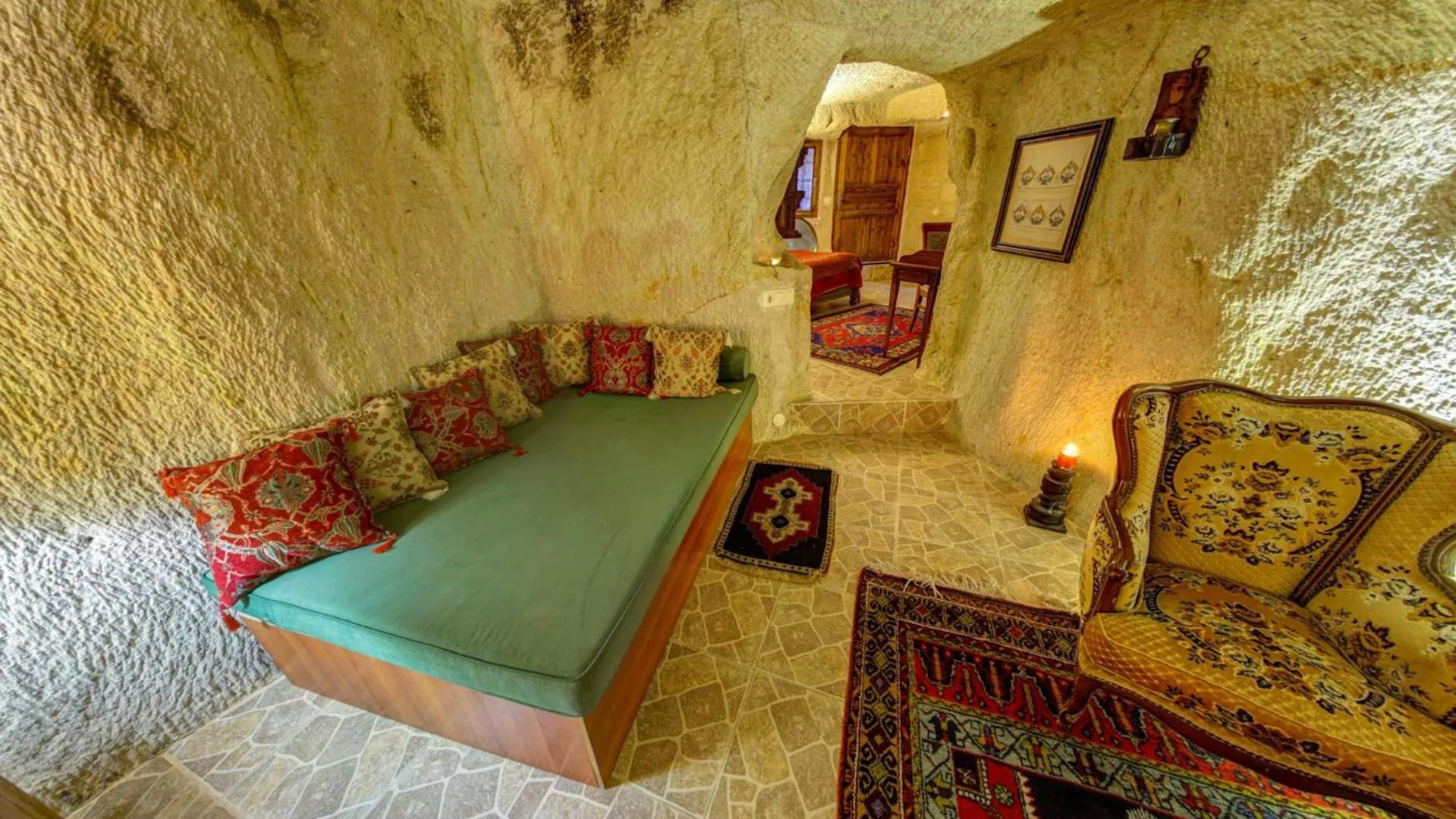 Seating area, Bed in Turkish Cave House