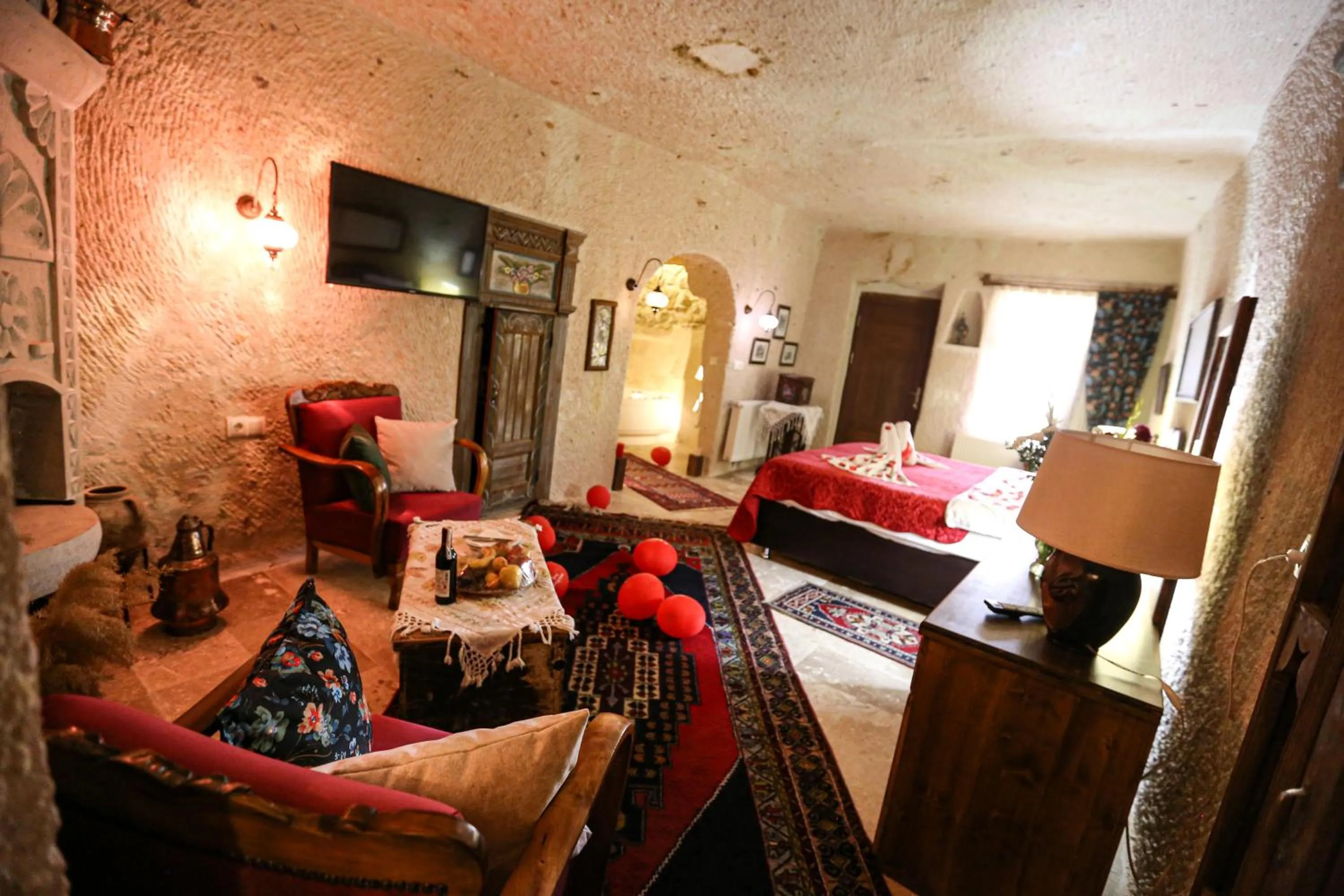 Seating area, Bed in Turkish Cave House