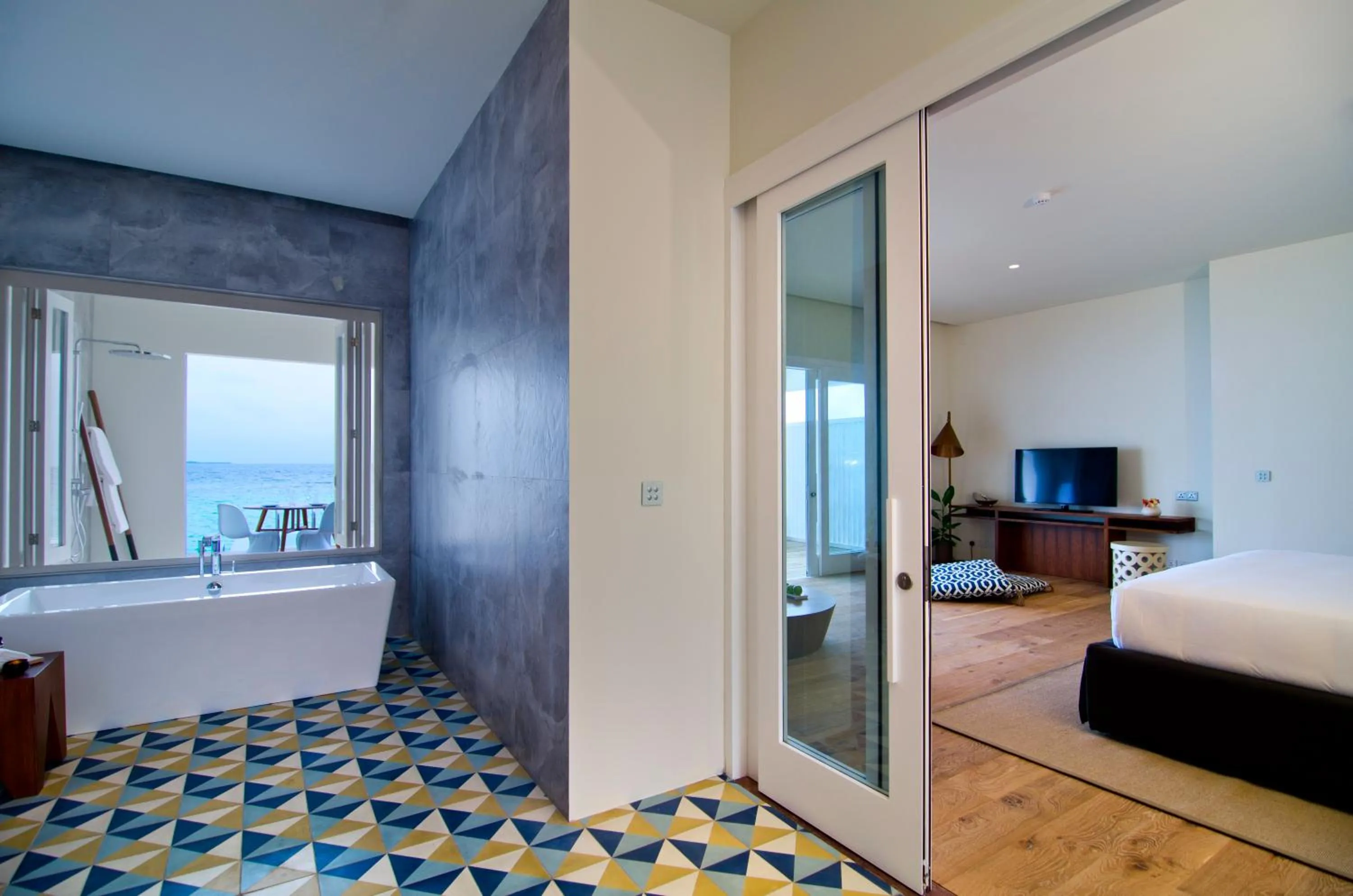 Bathroom, Bed in Amilla Maldives