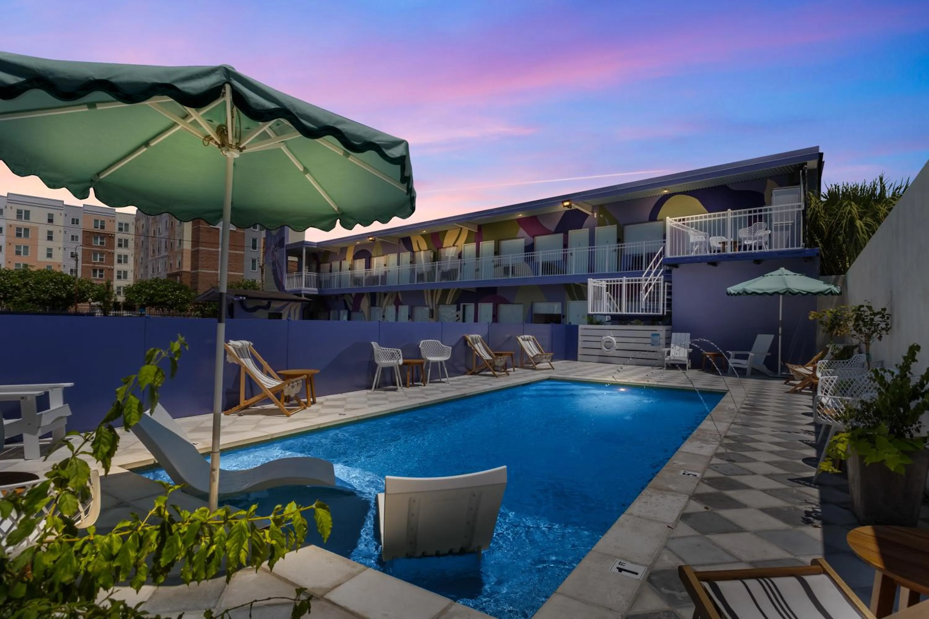 Pool view in The Iris Motel