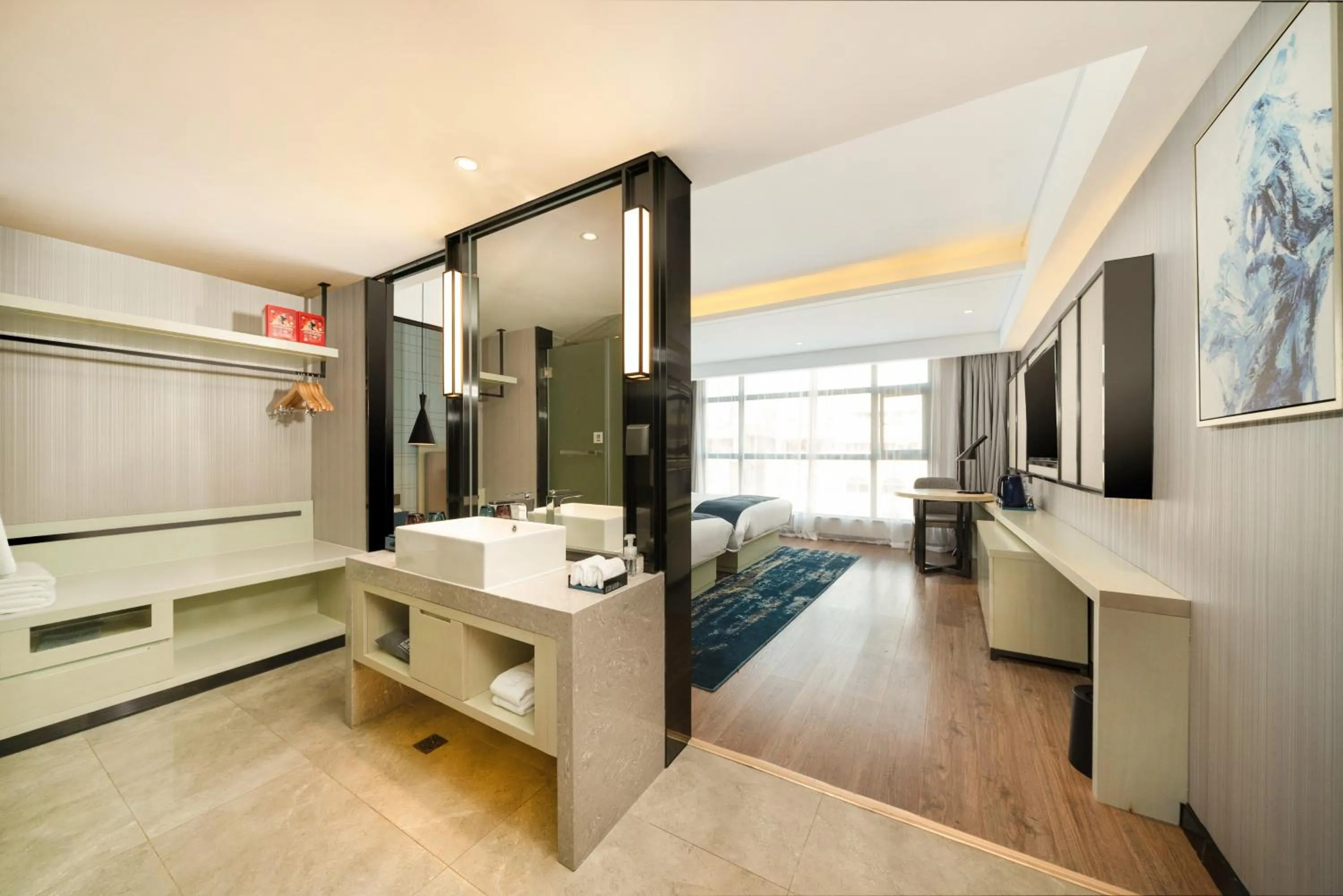 Bathroom, Bed in Echarm Hotel Wuzhou Canghai Lake High Speed Railway Station