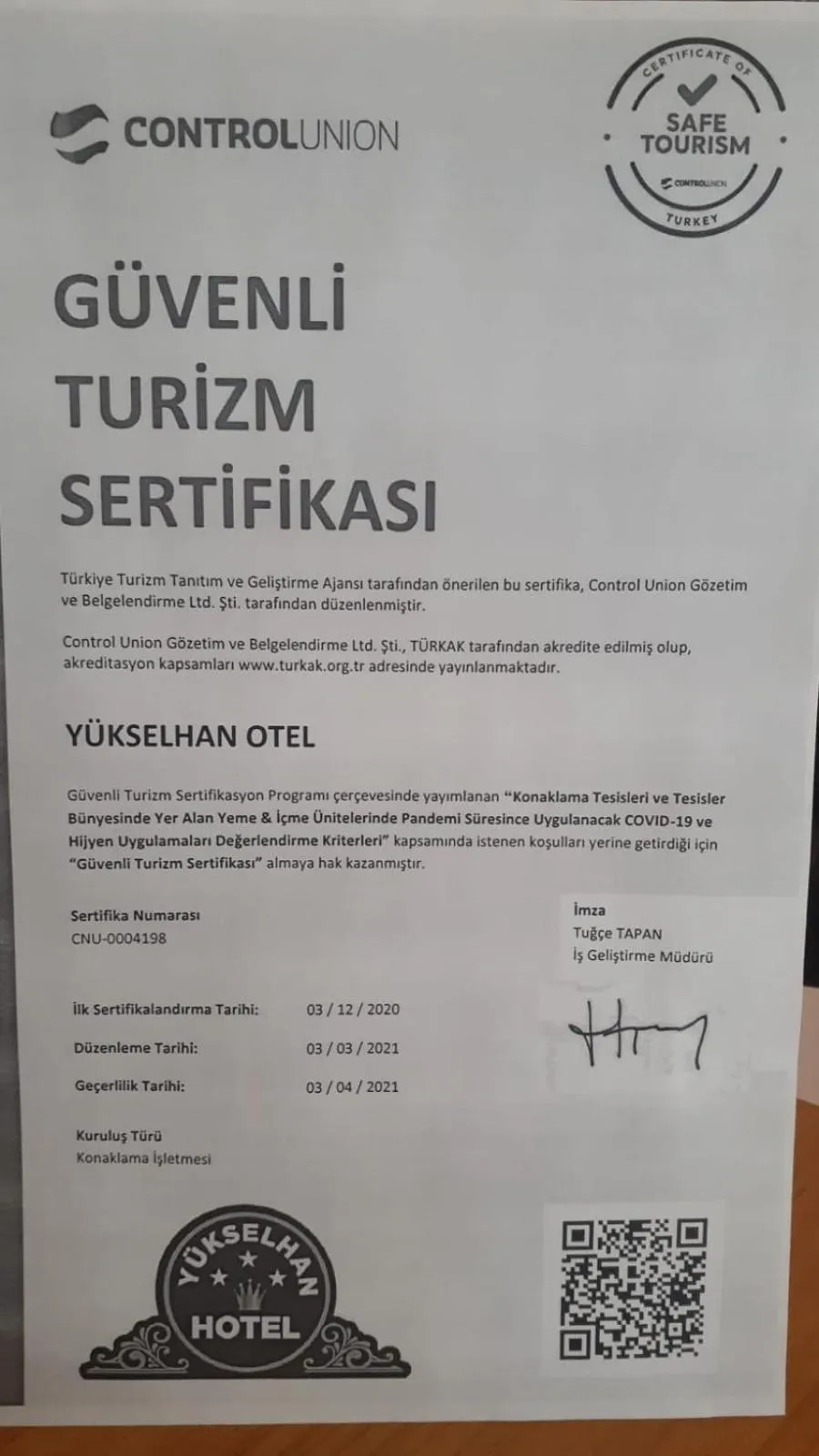 Logo/Certificate/Sign in Adana Yukselhan Hotel