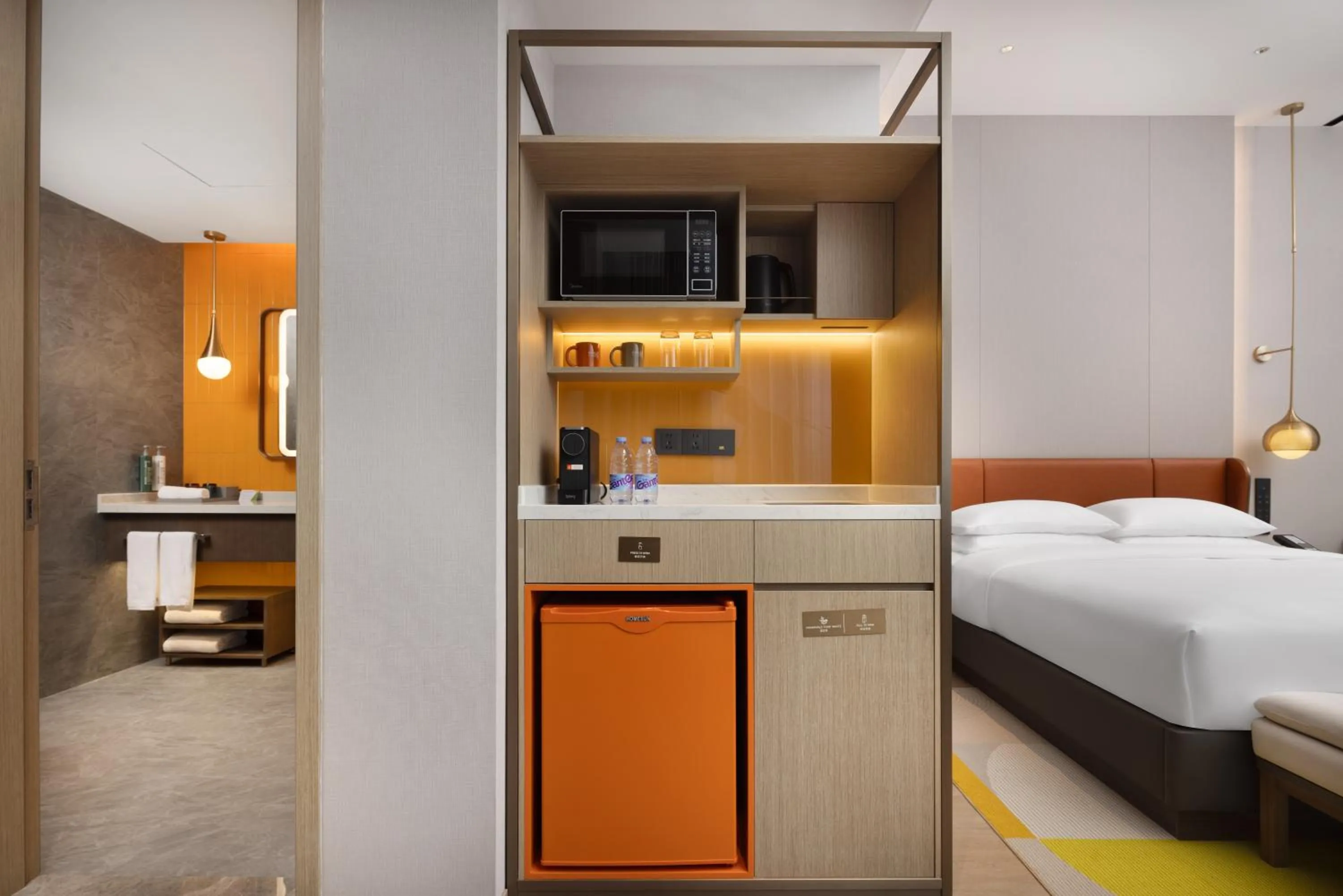 minibar, Bed in Home2 Suites by Hilton Guangzhou Huangpu Science City Free shuttle buses are provided during the Canton Fair