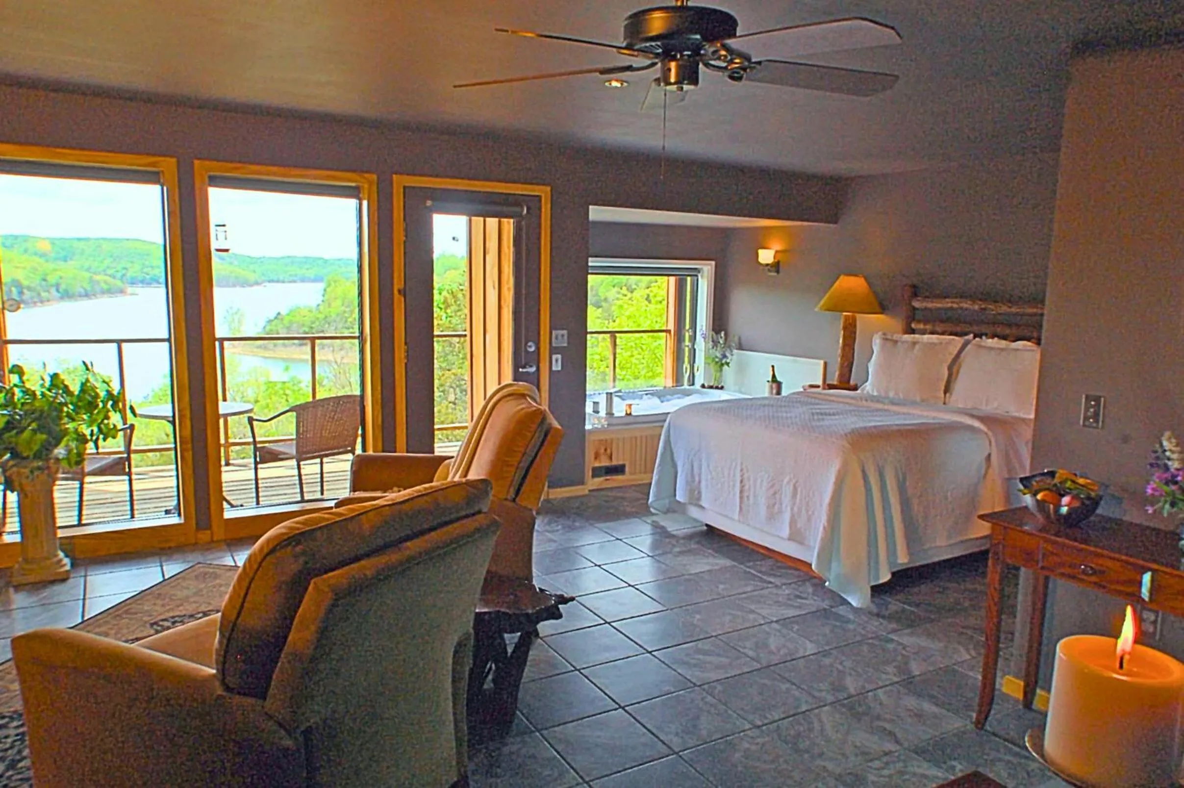 Balcony/Terrace, Bed in Beaver Lakefront Cabins - Couples Only Getaways