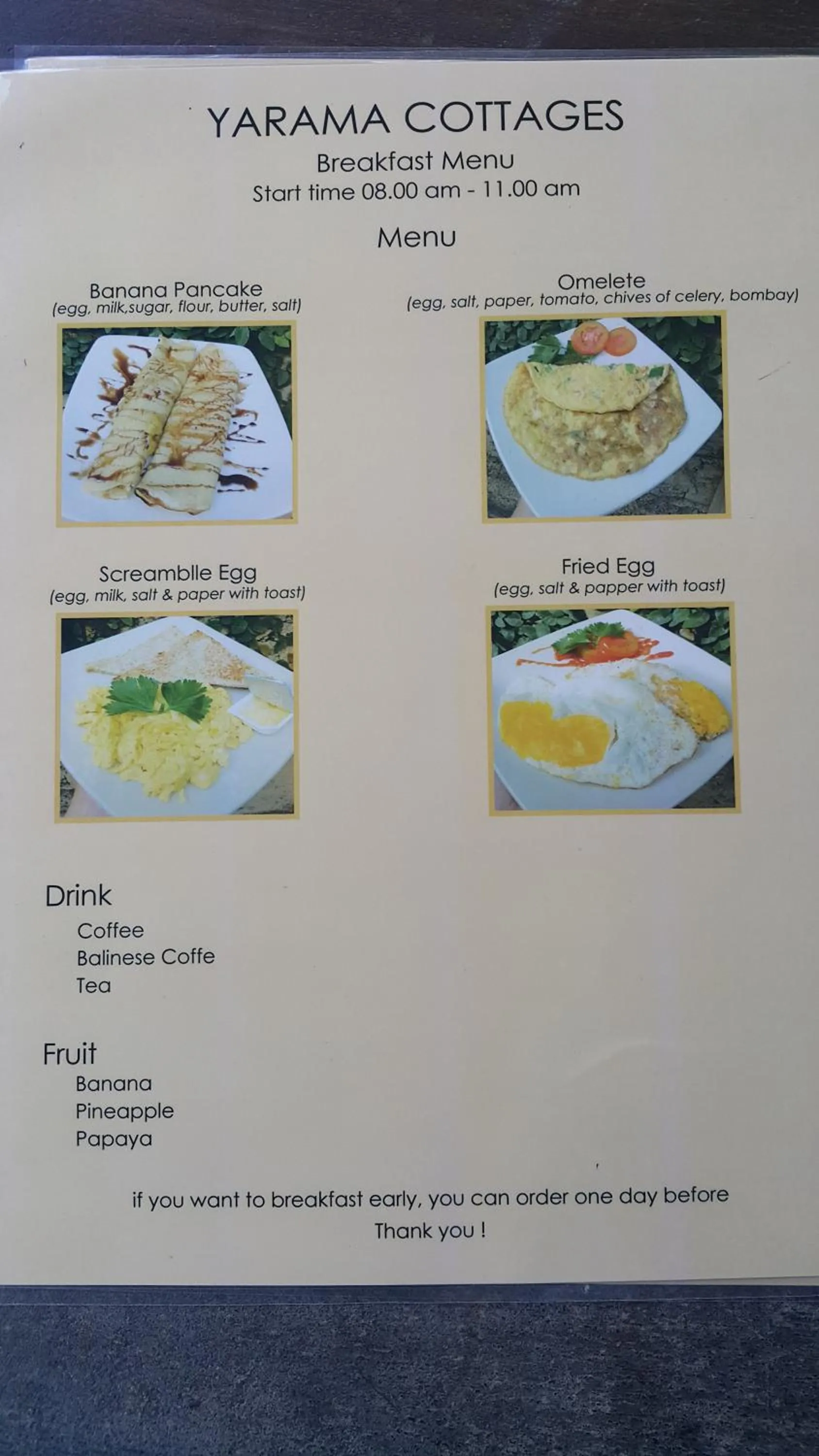 Food close-up in Yarama Cottages