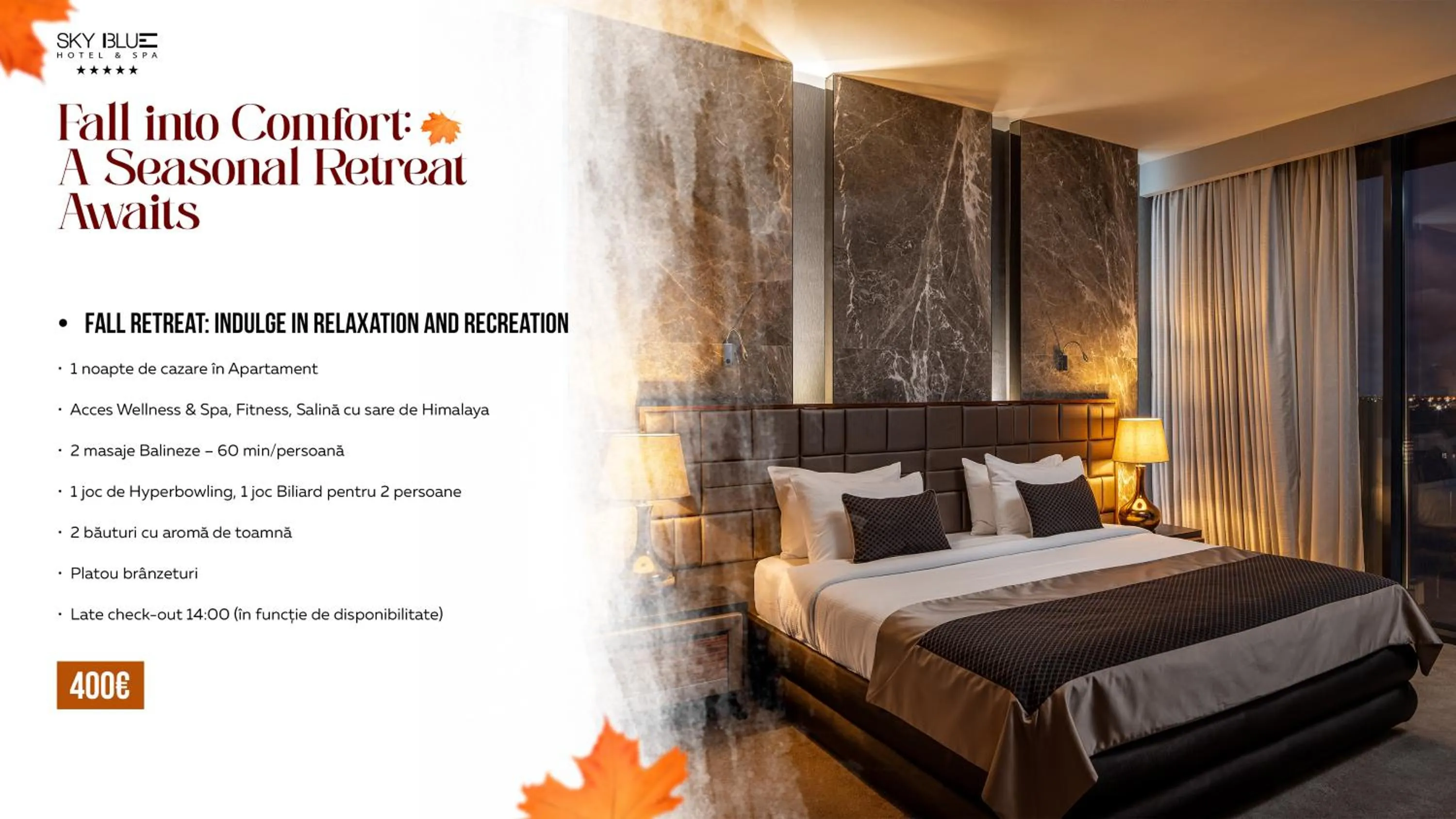 Text overlay, Bed in Sky Blue Hotel & Spa