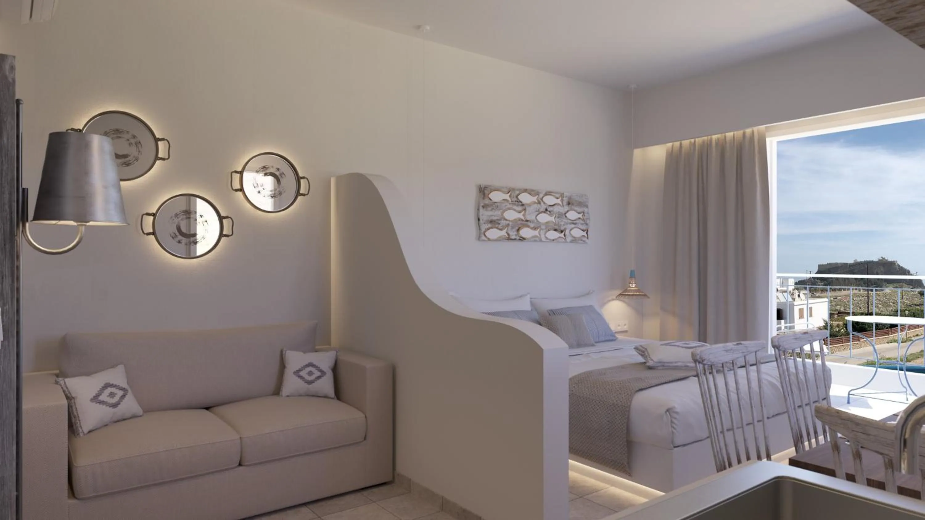 Bed in 'Lindian Myth' Sea View Studios