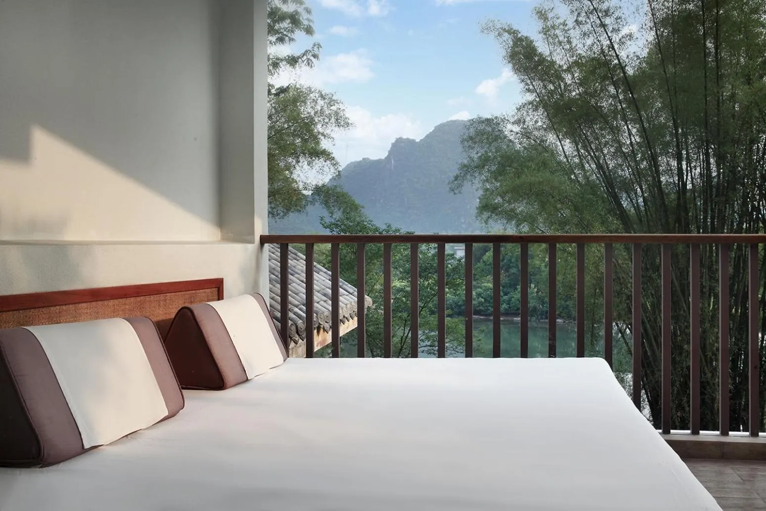 View (from property/room), Bed in Yangshuo Riverside Resorts Hotel