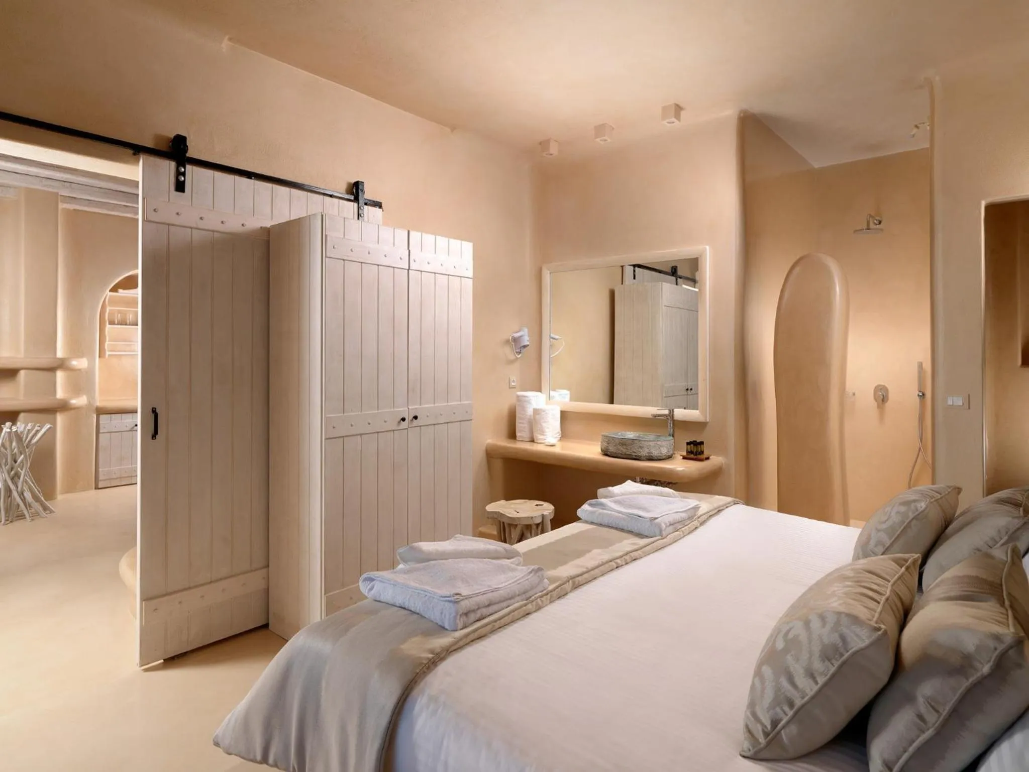 Bathroom, Bed in Dome Santorini Resort