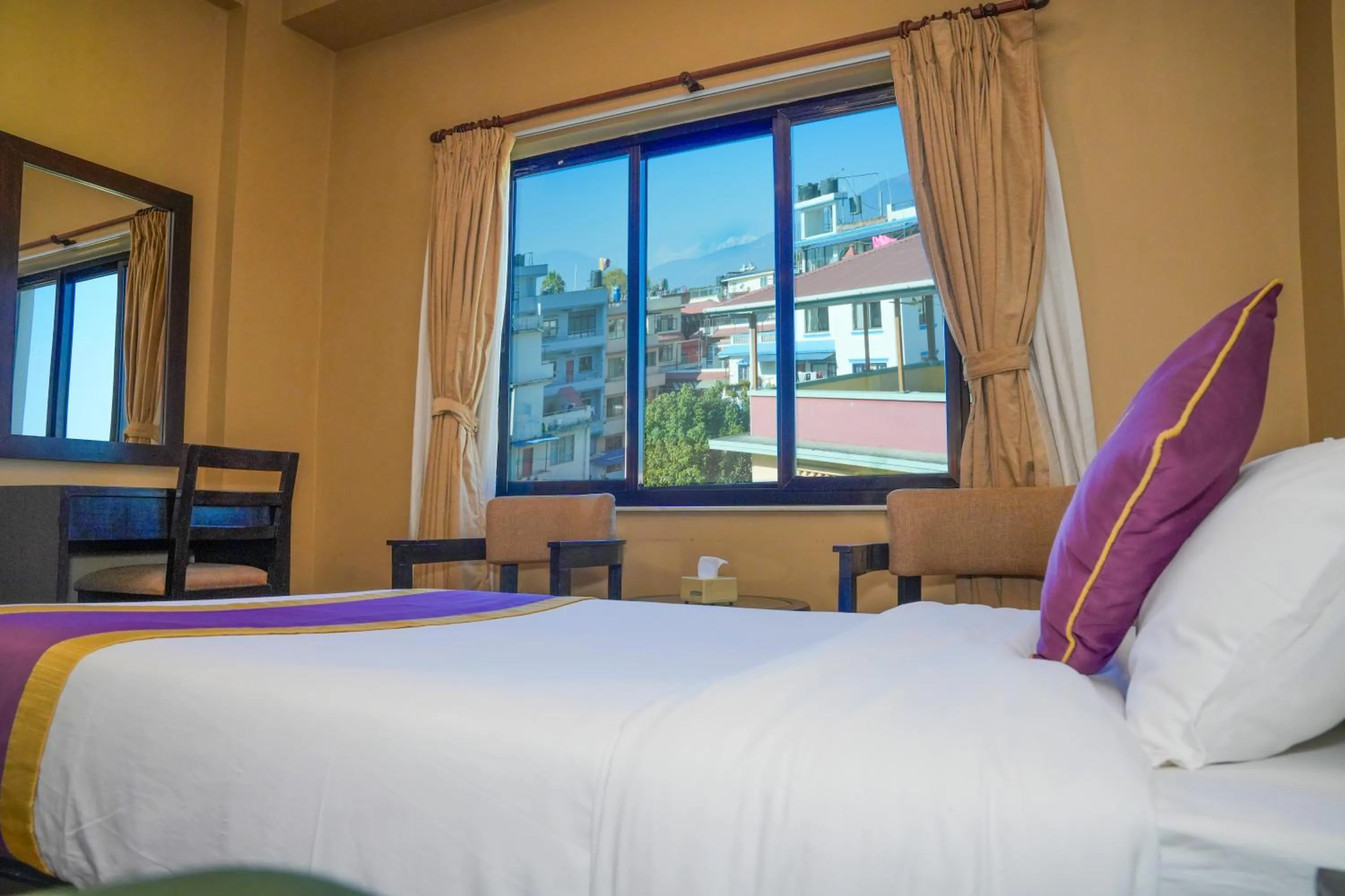 View (from property/room), Bed in Hotel Harmika - Spiritual retreat with garden & Stupa view
