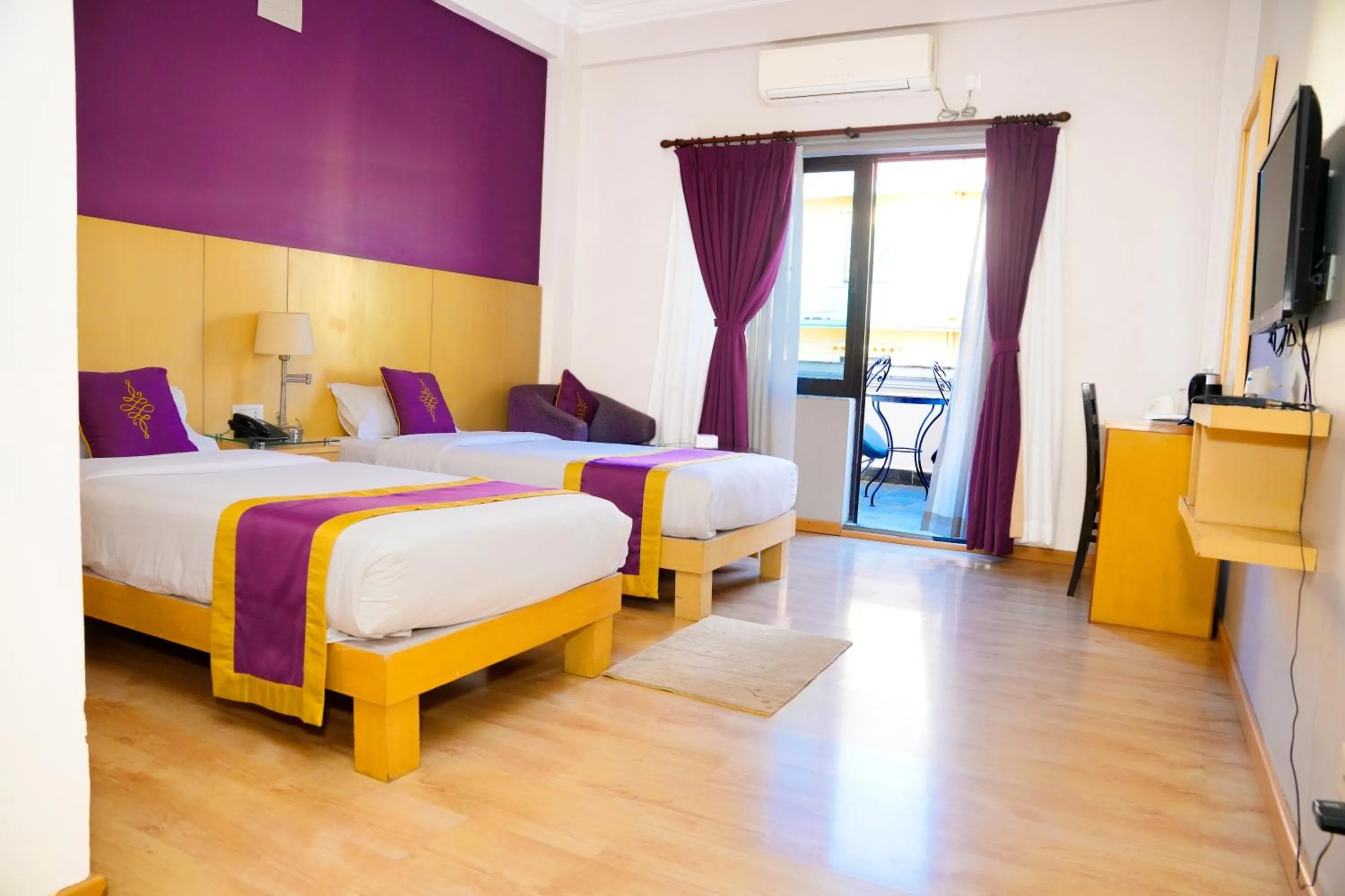 Balcony/Terrace, Bed in Hotel Harmika - Spiritual retreat with garden & Stupa view