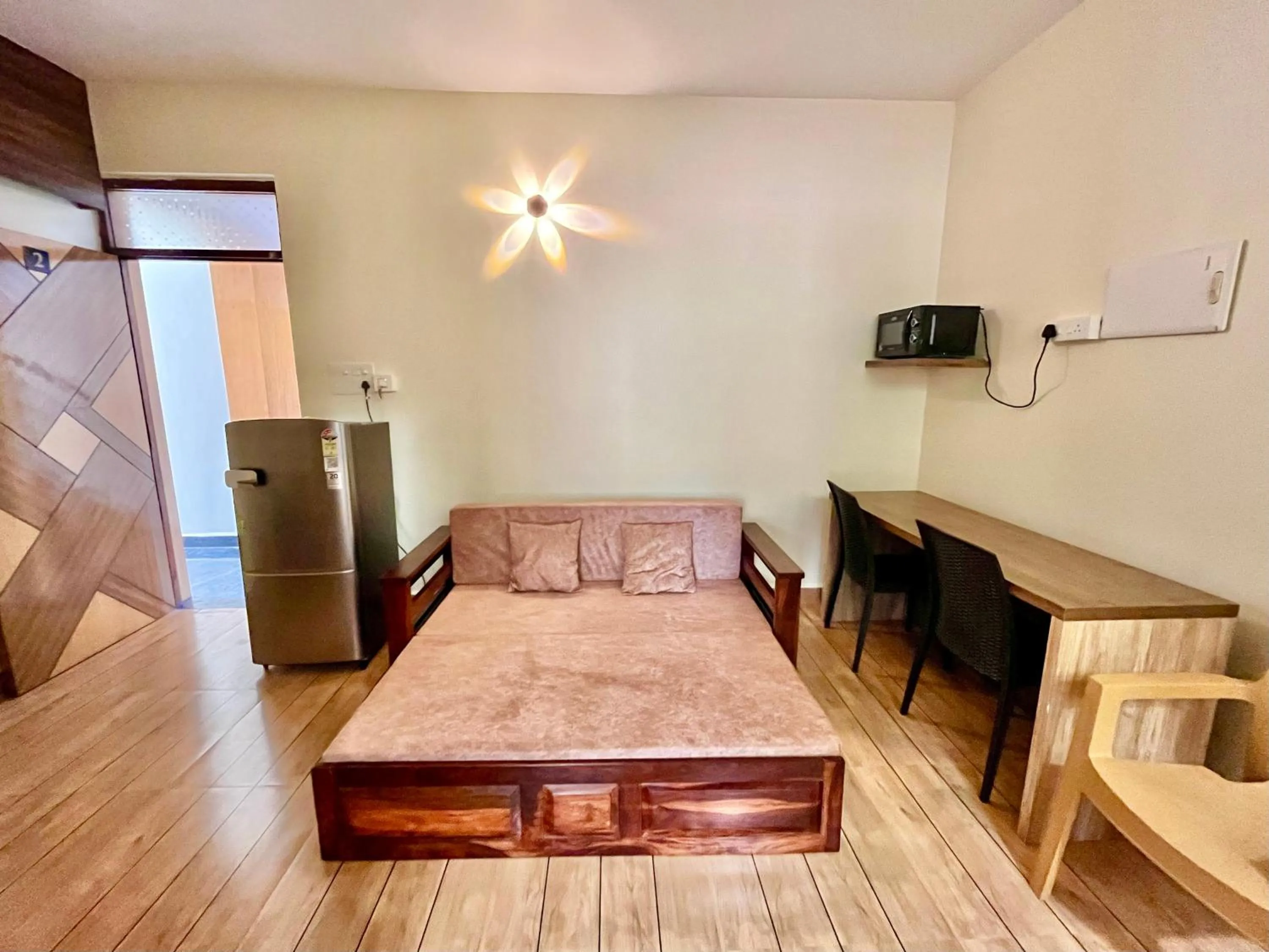 Living room, Bed in Lykke Suites- 2-min Drive to Colva Beach-By Goan Felicidade Hospitality PVT LTD