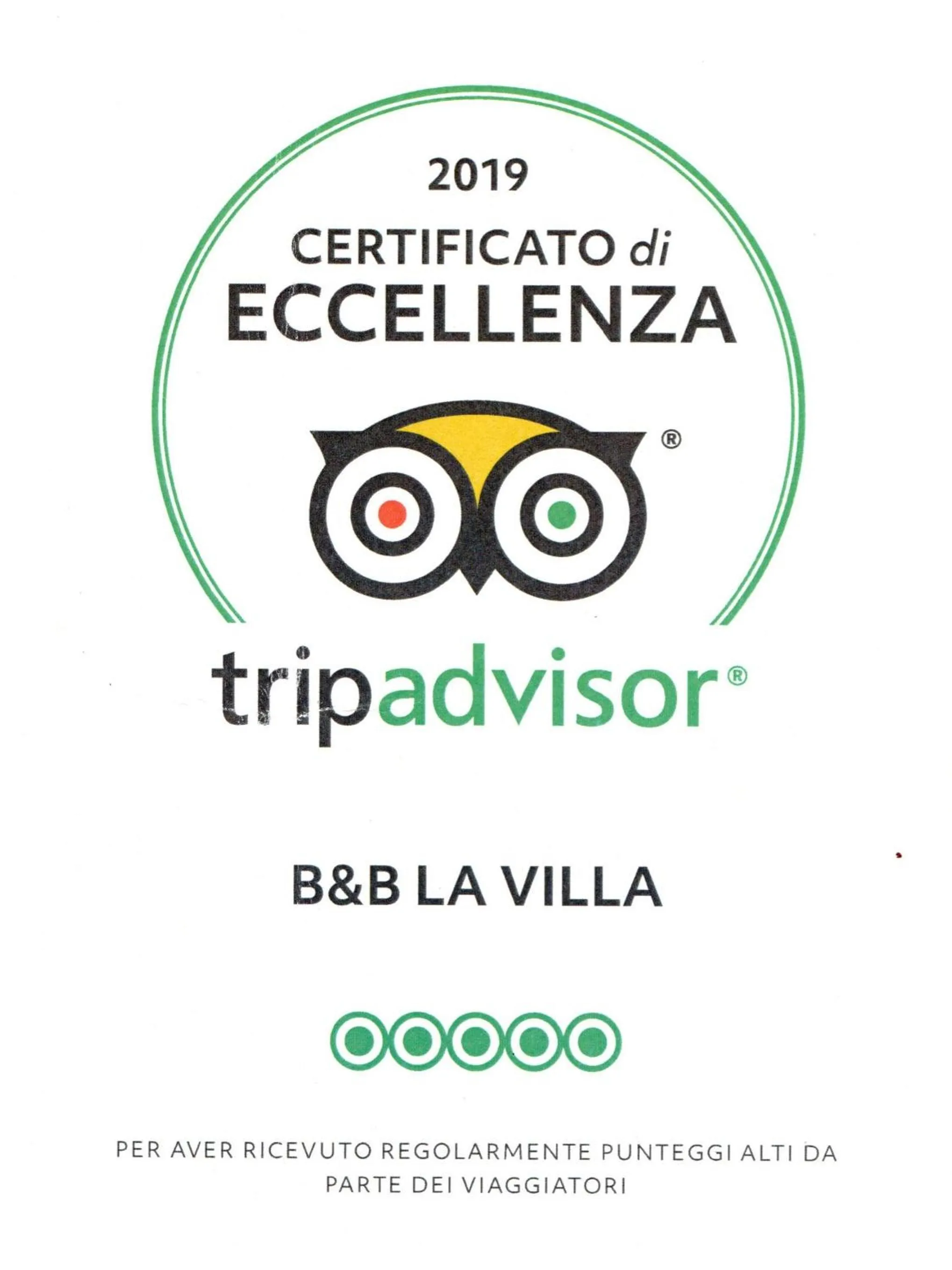 Certificate/Award in B&B La Villa