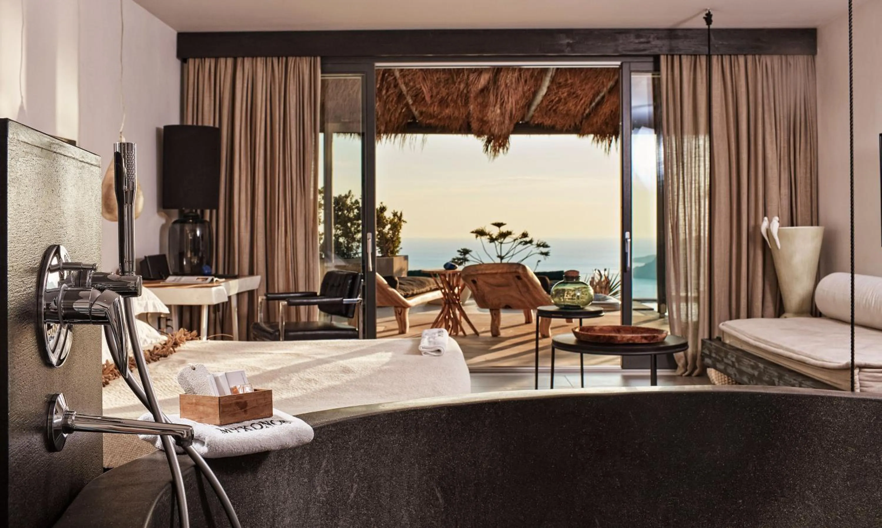 Bed in Myconian Utopia Relais & Chateaux