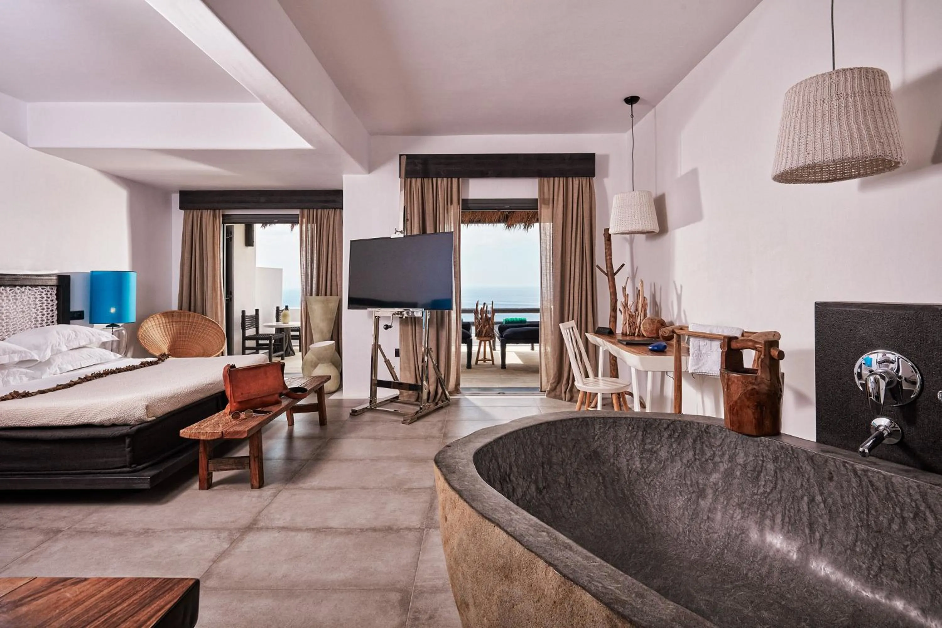 Bed in Myconian Utopia Relais & Chateaux