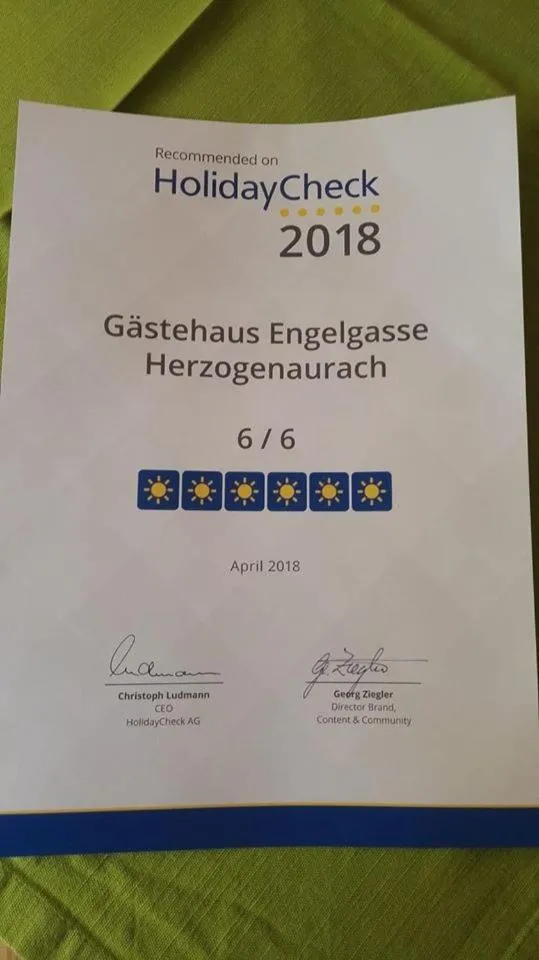 Certificate/Award in Gästehaus Engelgasse Herzogenaurach