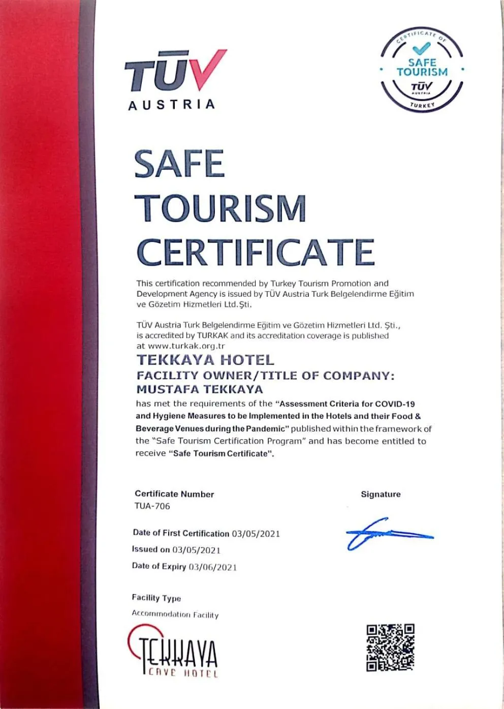 Logo/Certificate/Sign in Tekkaya Cave Hotel