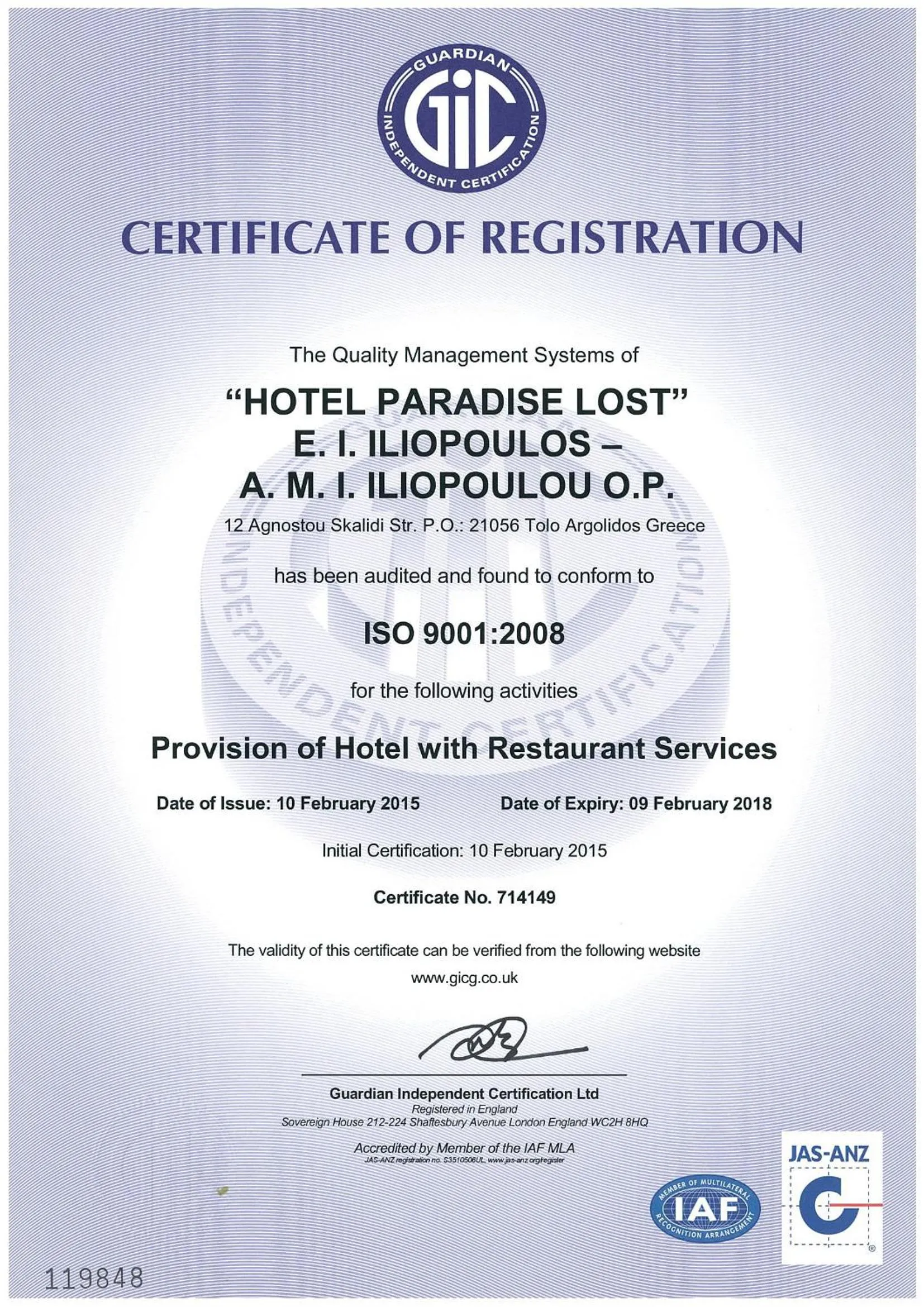 Certificate/Award in Paradise Lost Hotel-Apartments