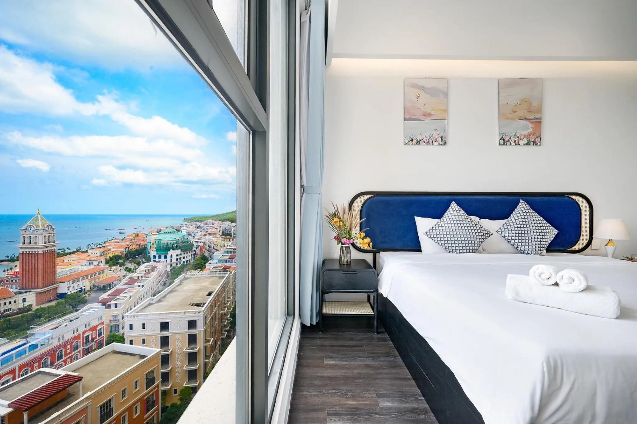 View (from property/room), Bed in La isla Apartments & Villas - Sea View & Fireworks Phu Quoc