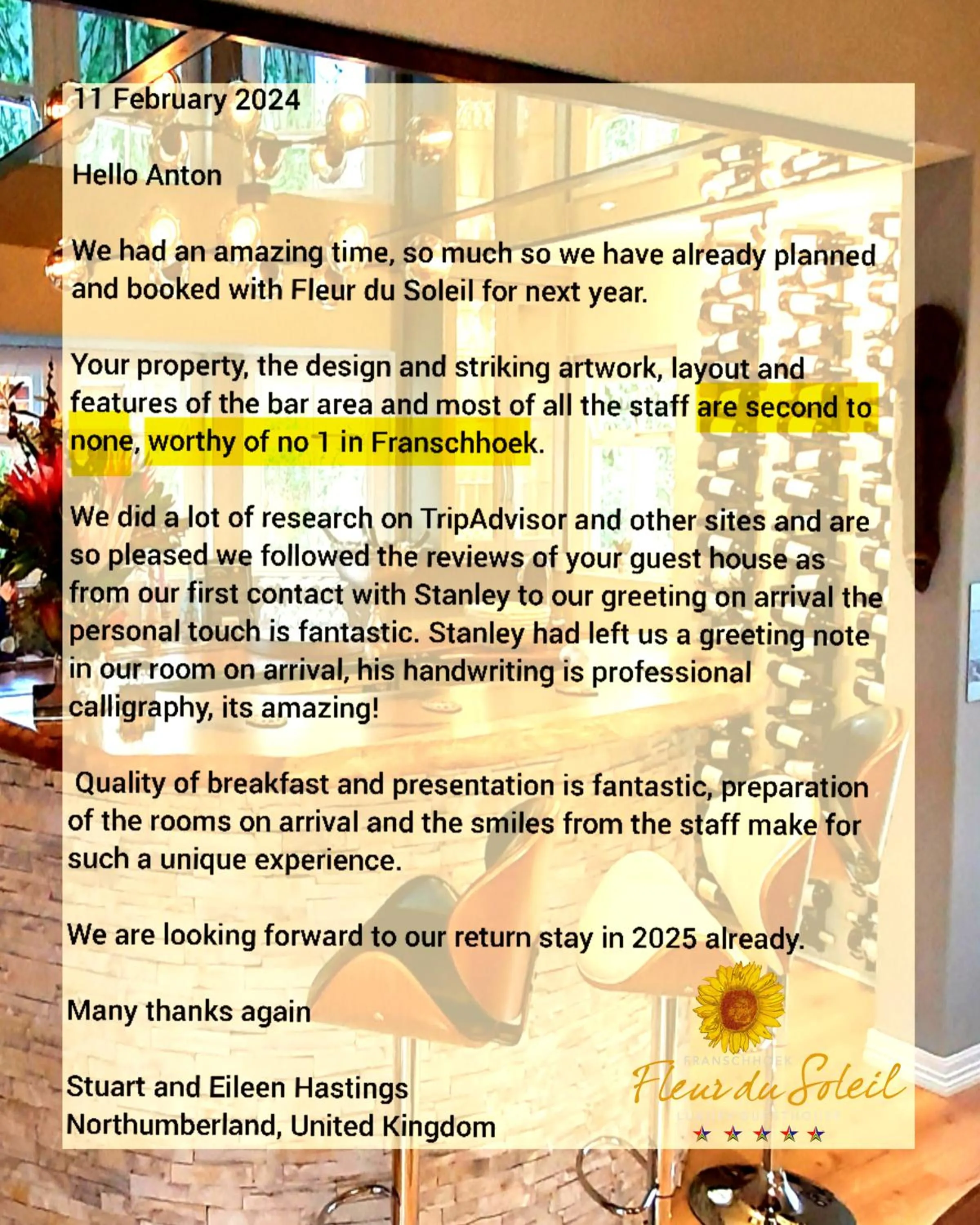 Certificate/Award in Fleur du Soleil Luxury Guesthouse