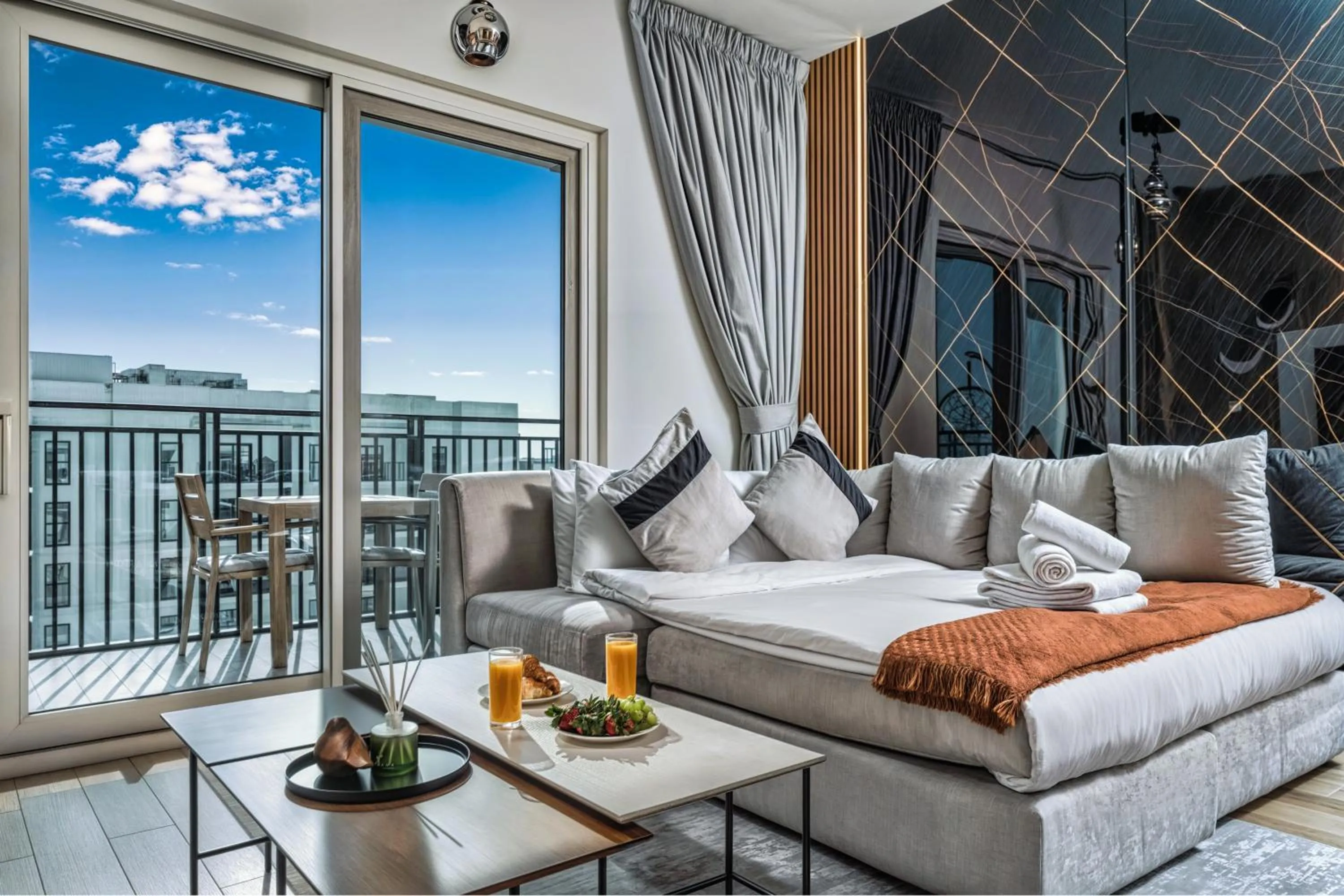 Living room, Bed in Desert Key - Perfectly Located Yas Island Premier Apts