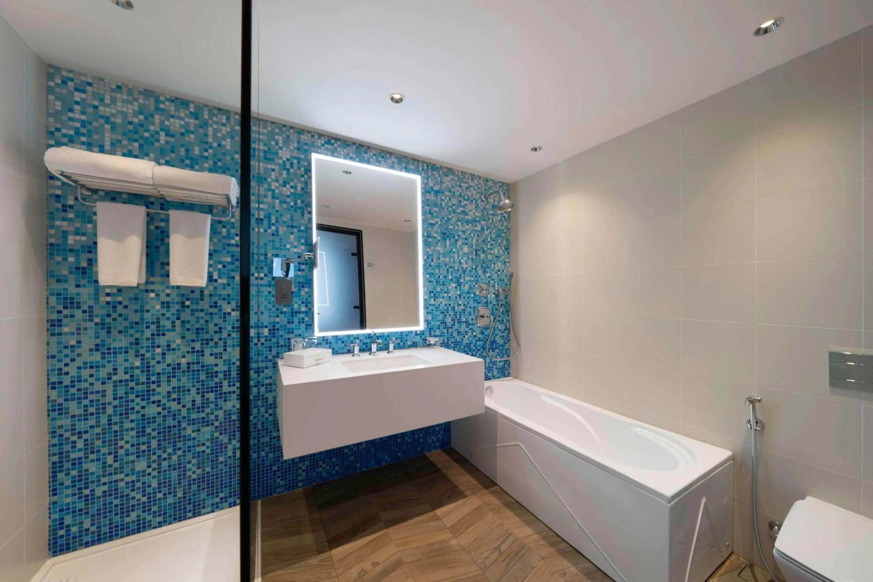 Bathroom, Bed in Radisson Blu Hotel, Riyadh Al Sahafa