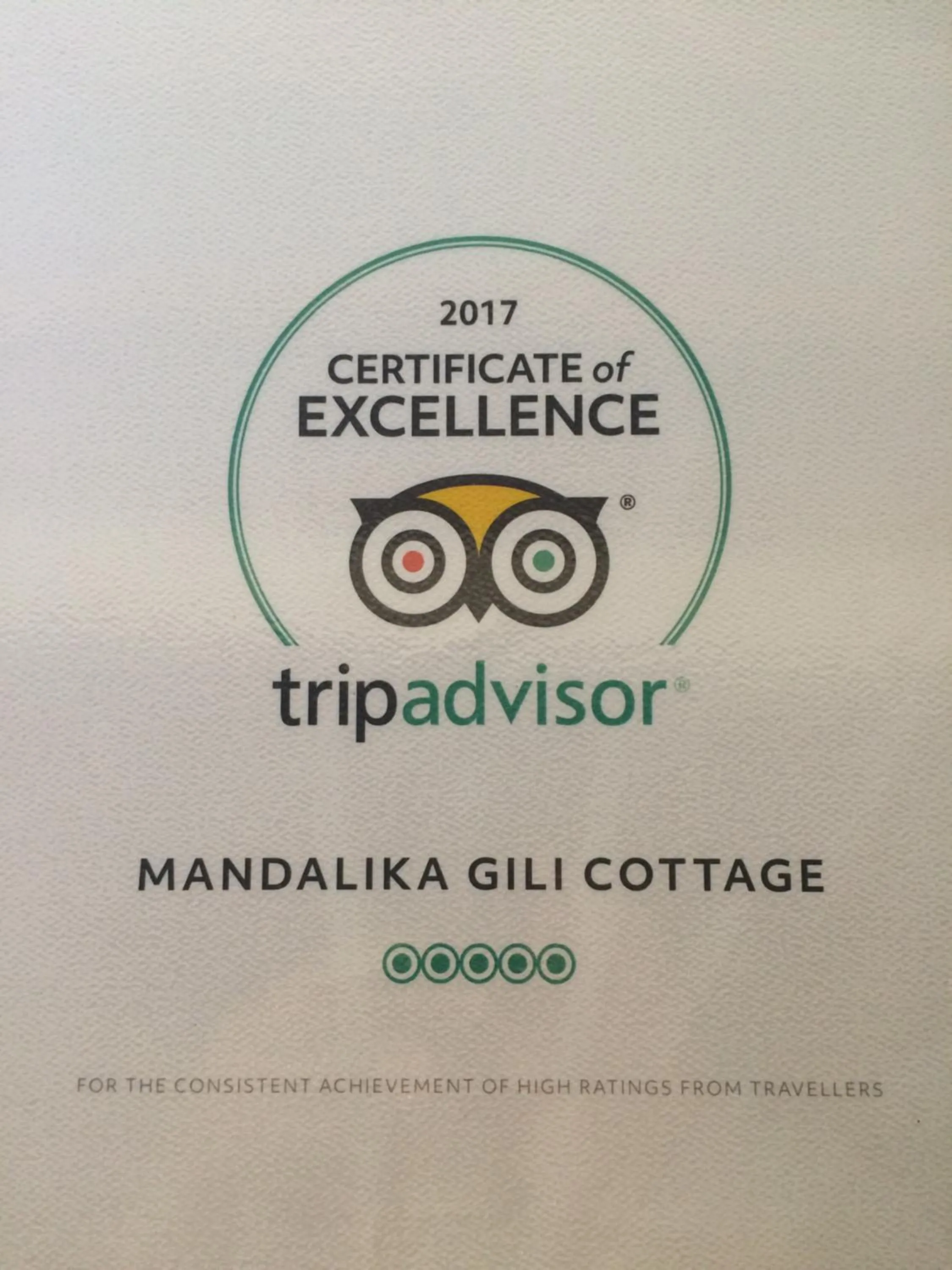 Certificate/Award in Mandalika Cottage