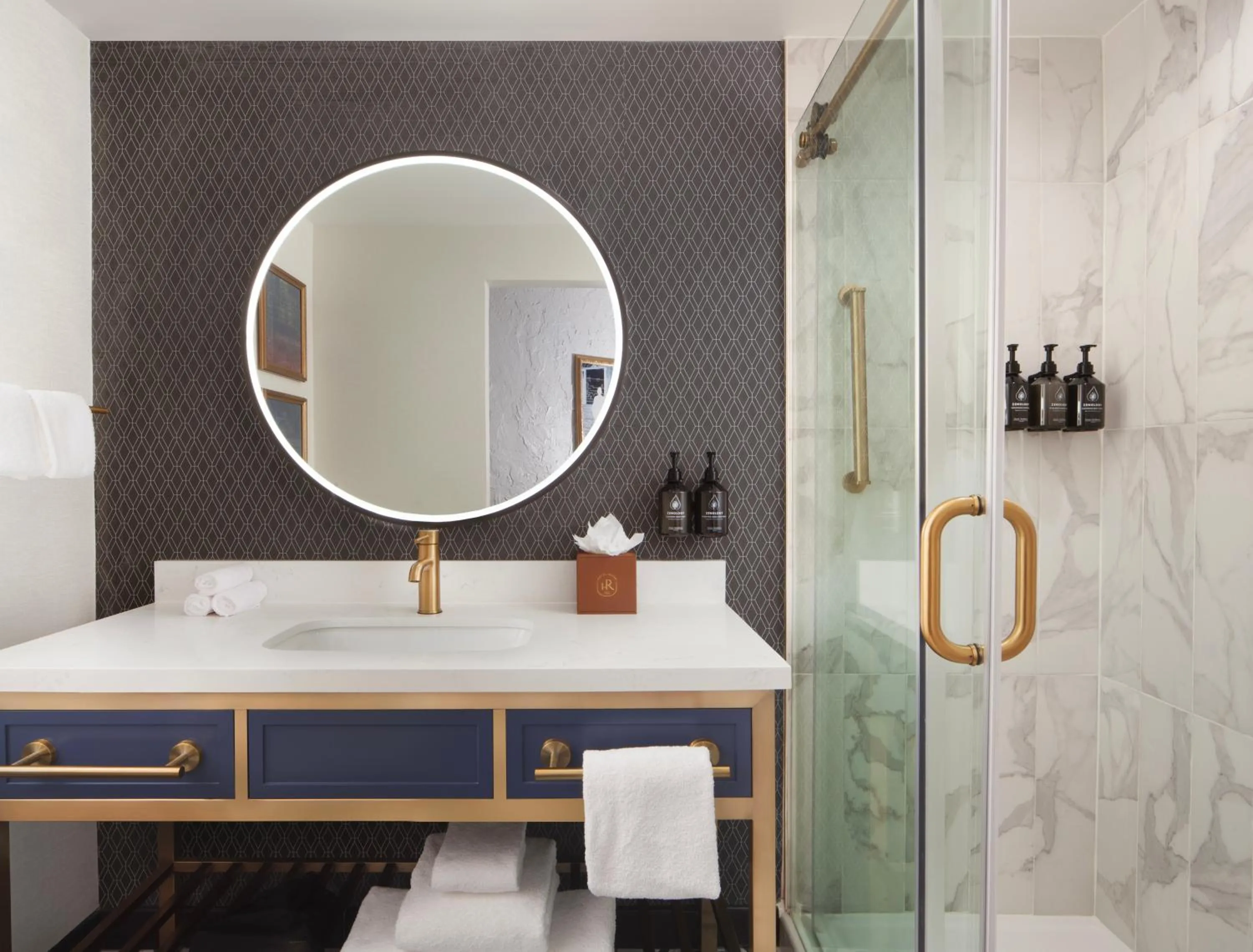 Bathroom in Hotel Royer Urbana Champaign, Tapestry Collection by Hilton