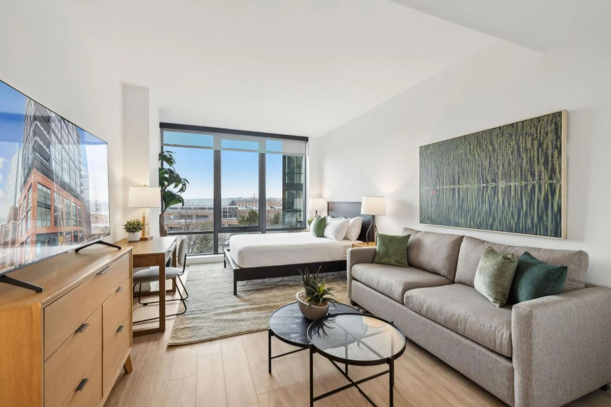 Living room, Bed in Placemakr Buzzard Point