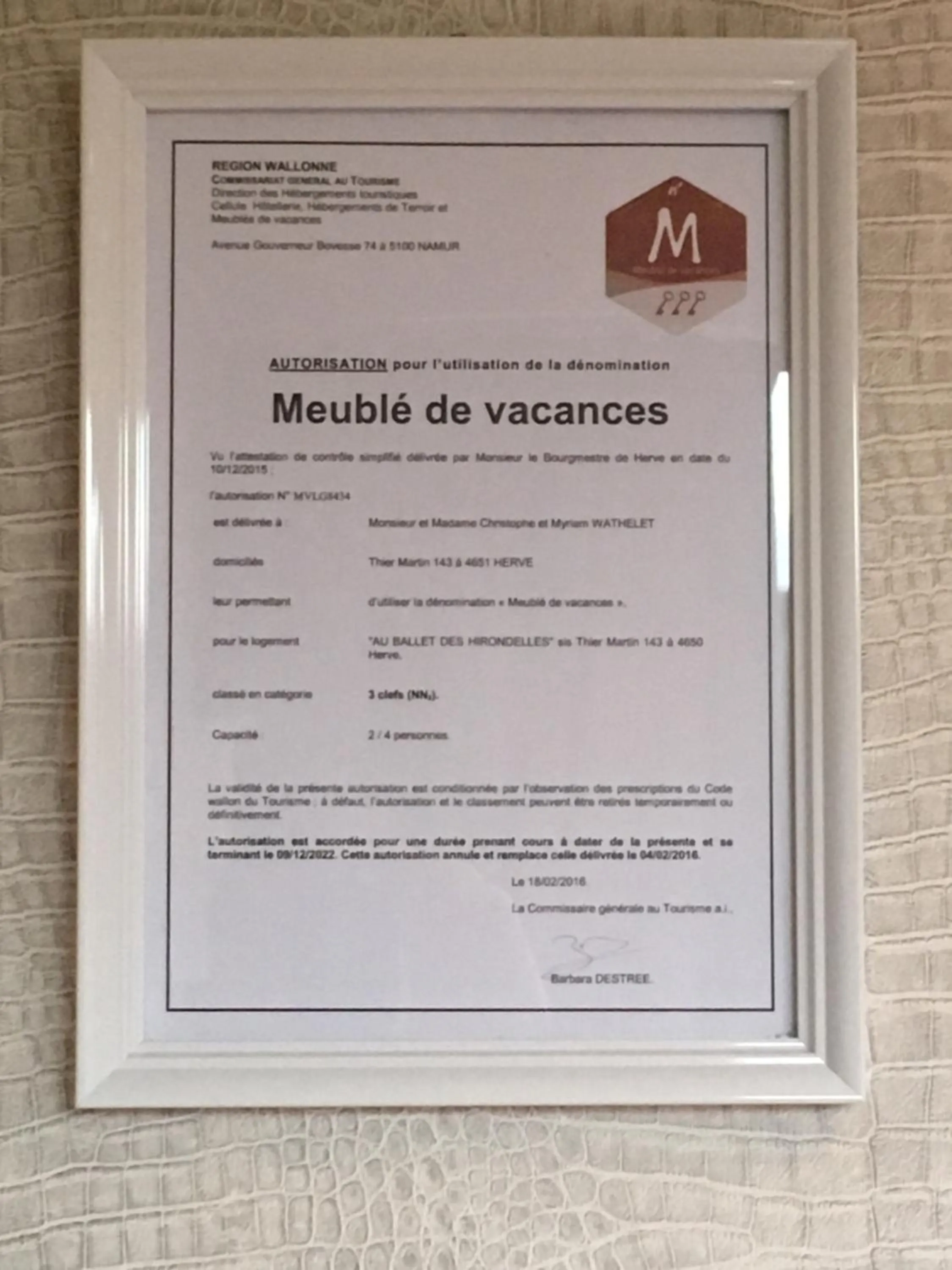 Certificate/Award in Country house Au Ballet des Hirondelles