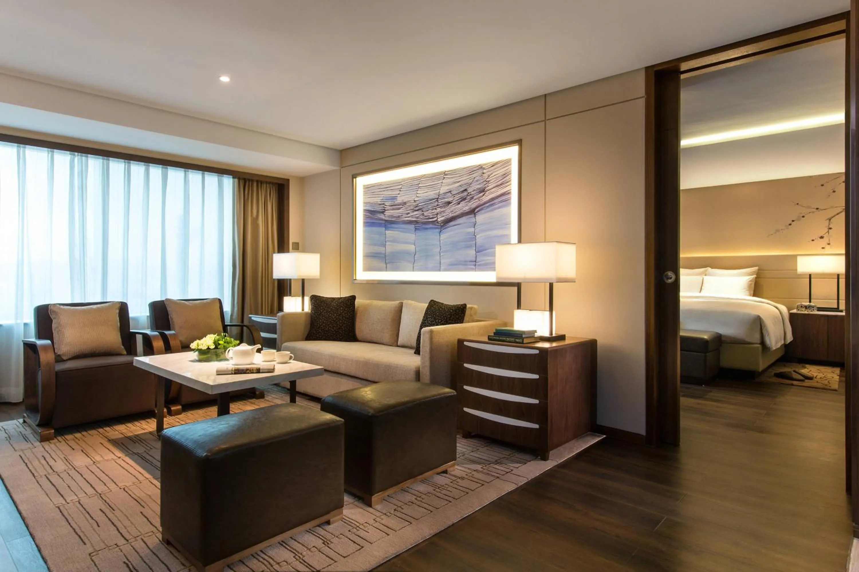 Living room, Bed in Marriott Executive Apartments Tianjin TEDA
