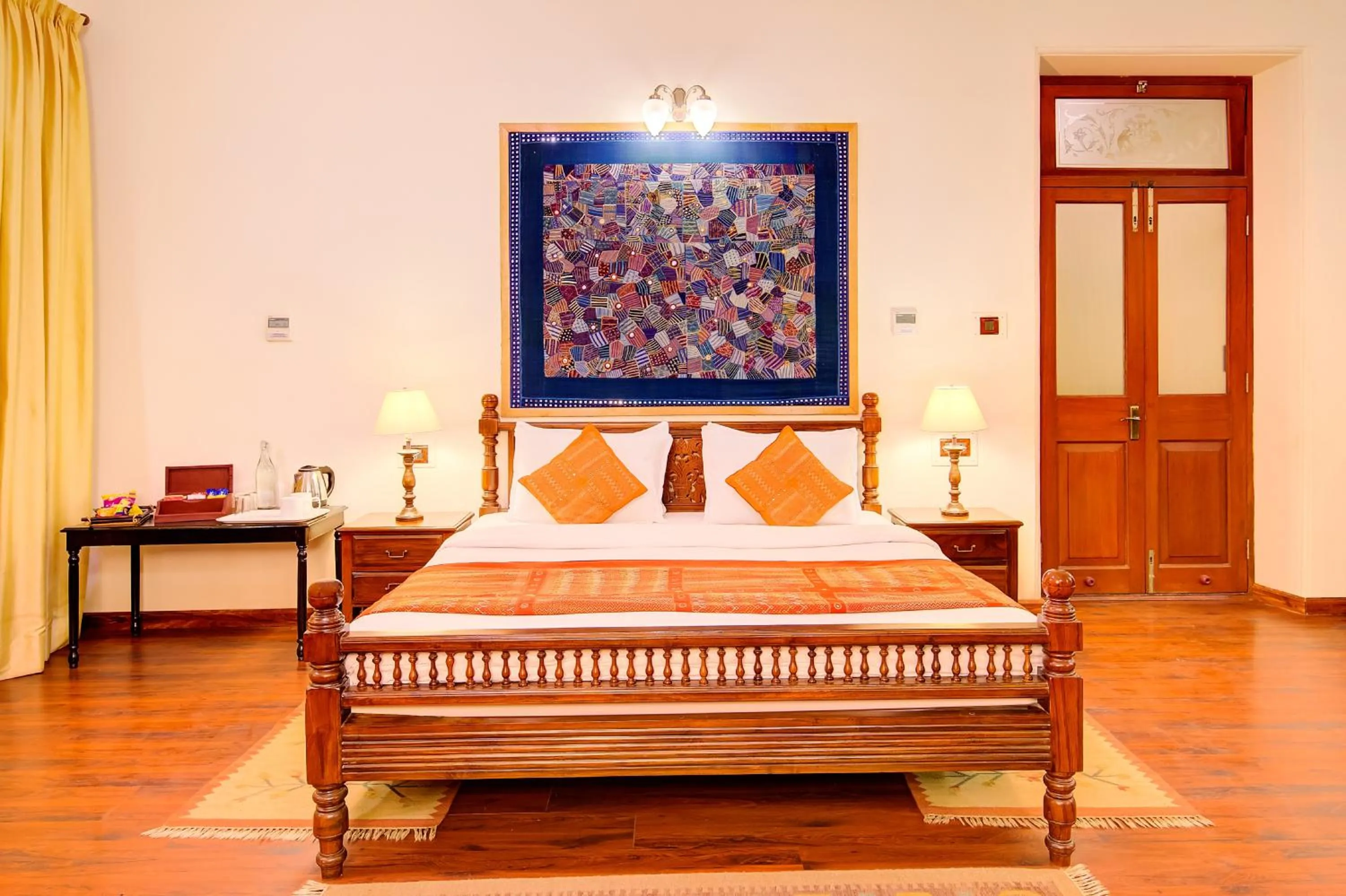 Bedroom, Bed in WelcomHeritage Shivavilas Palace, HAMPI